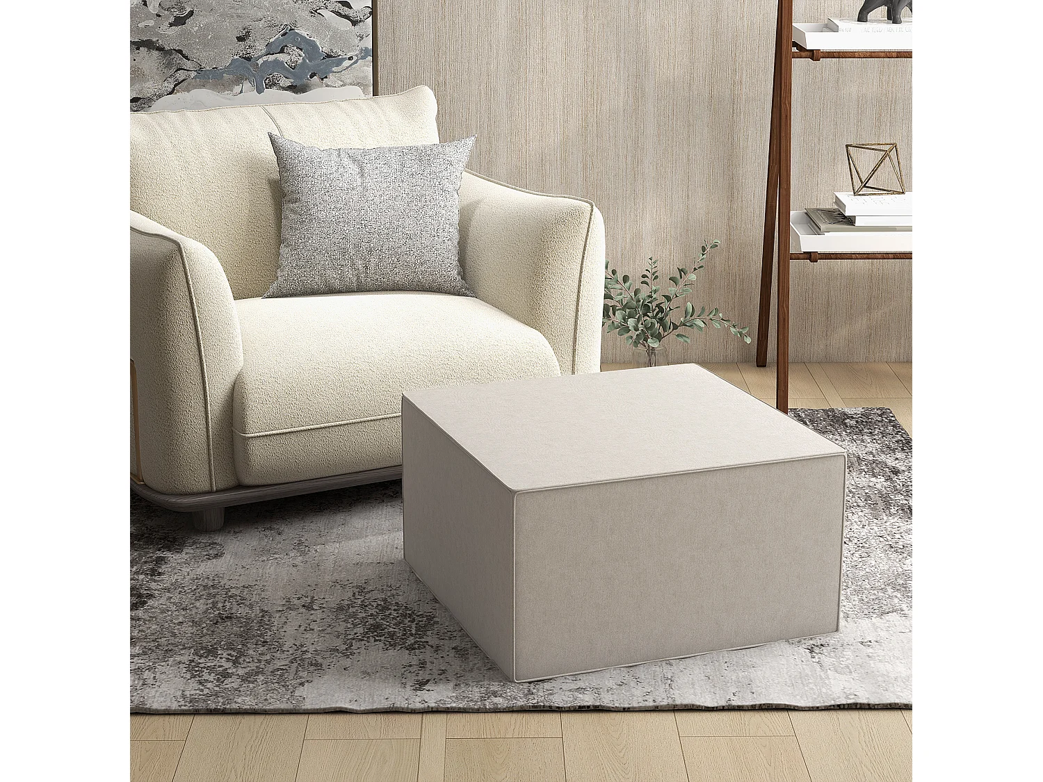 Poggiapiedi imbottito con rivestimento in tessuto effetto lino beige