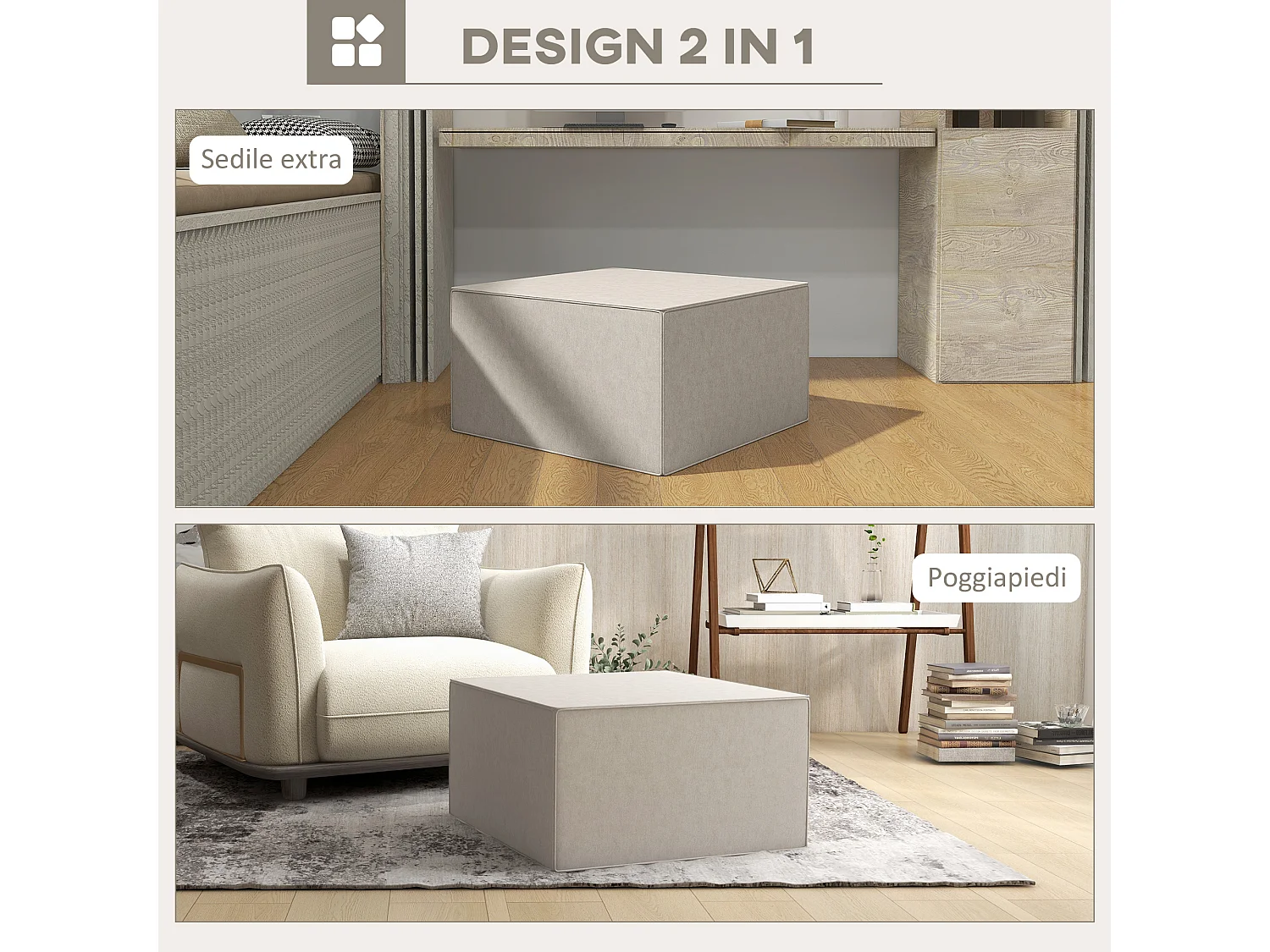 Poggiapiedi imbottito con rivestimento in tessuto effetto lino beige