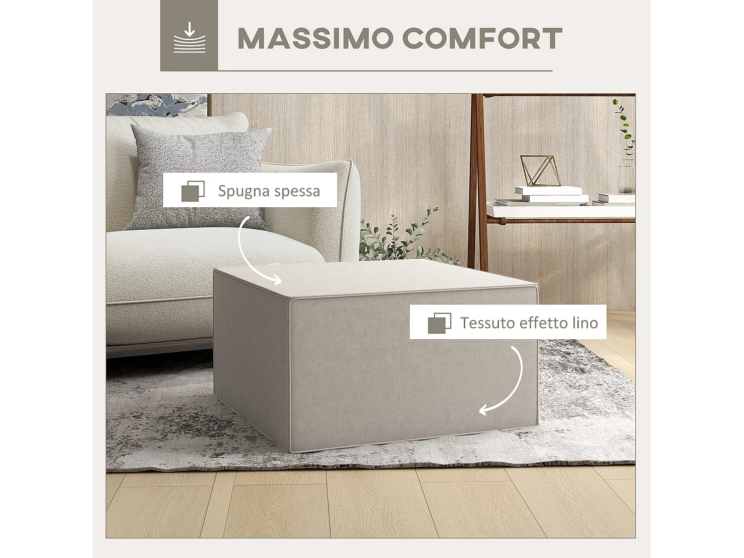 Poggiapiedi imbottito con rivestimento in tessuto effetto lino beige