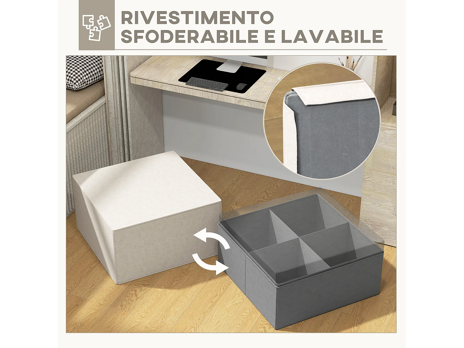 Poggiapiedi imbottito con rivestimento in tessuto effetto lino beige