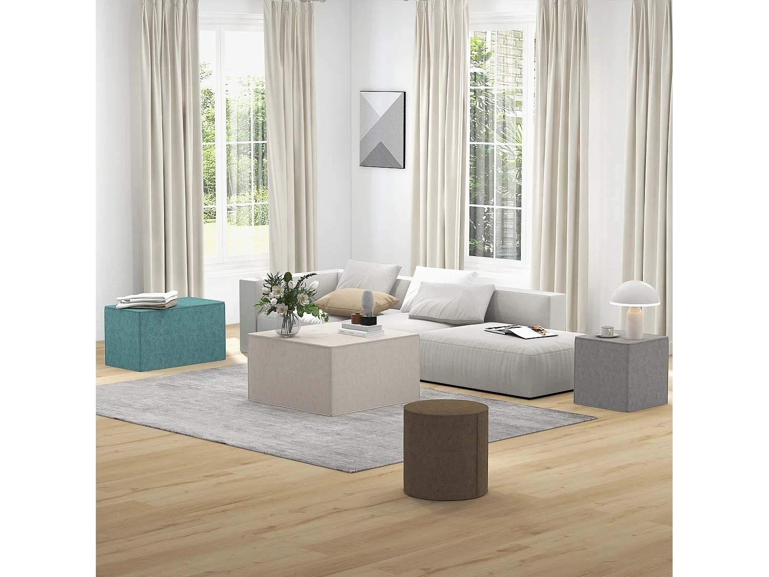 Poggiapiedi imbottito con rivestimento in tessuto effetto lino beige