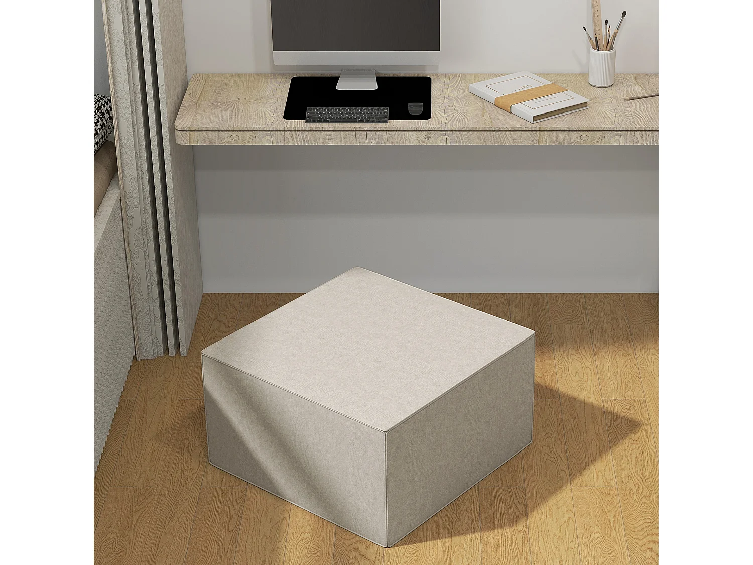 Poggiapiedi imbottito con rivestimento in tessuto effetto lino beige