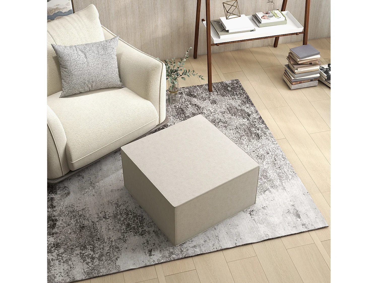 Poggiapiedi imbottito con rivestimento in tessuto effetto lino beige