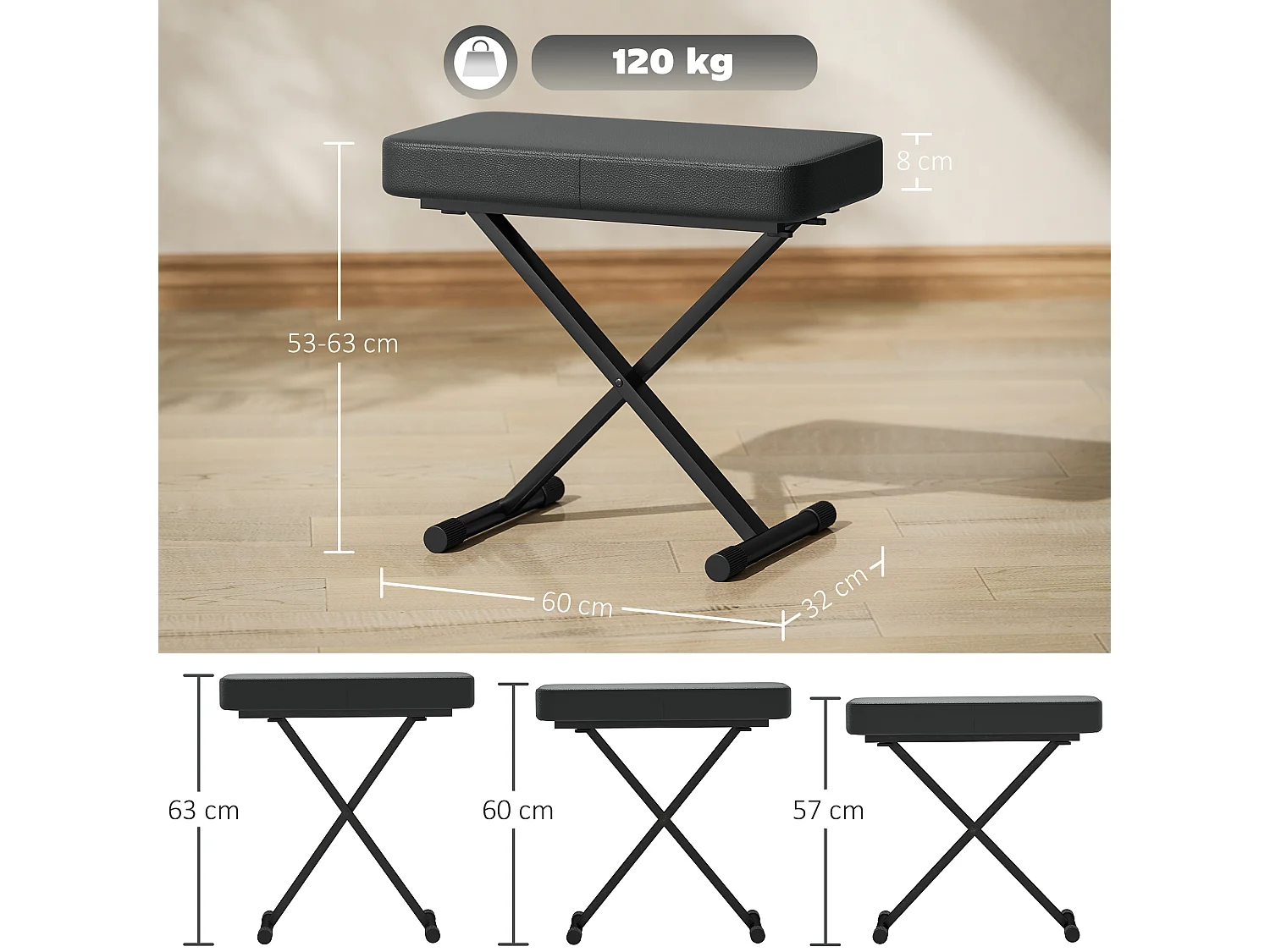 Sgabello per pianoforte pieghevole e regolabile su 4 altezze nero