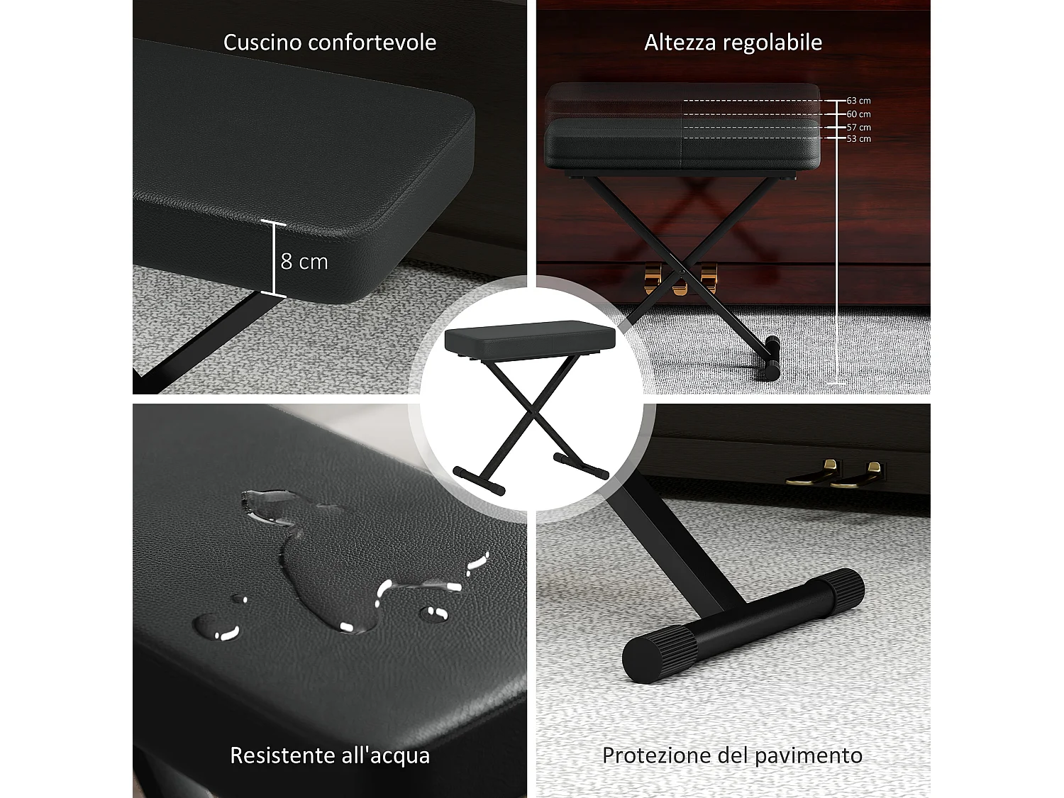 Sgabello per pianoforte pieghevole e regolabile su 4 altezze nero