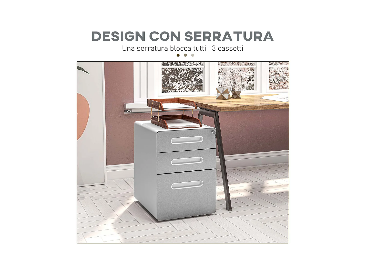 Cassettiera per ufficio a 3 cassetti con serratura e ruote grigio