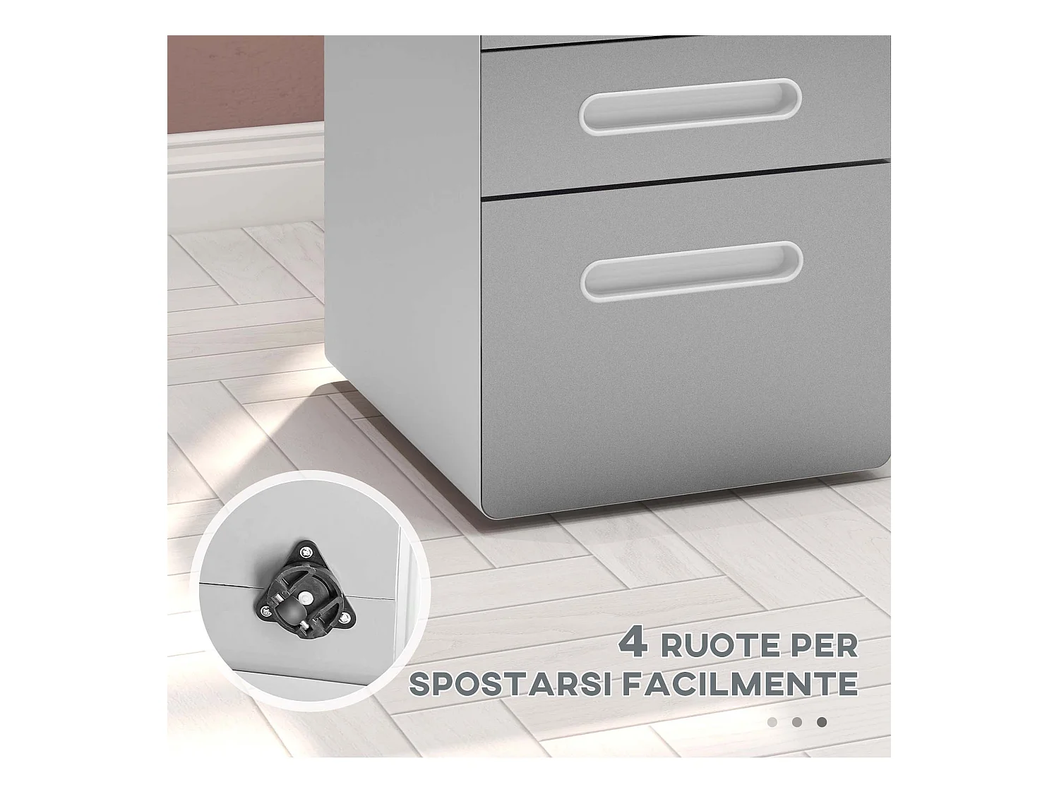 Cassettiera per ufficio a 3 cassetti con serratura e ruote grigio