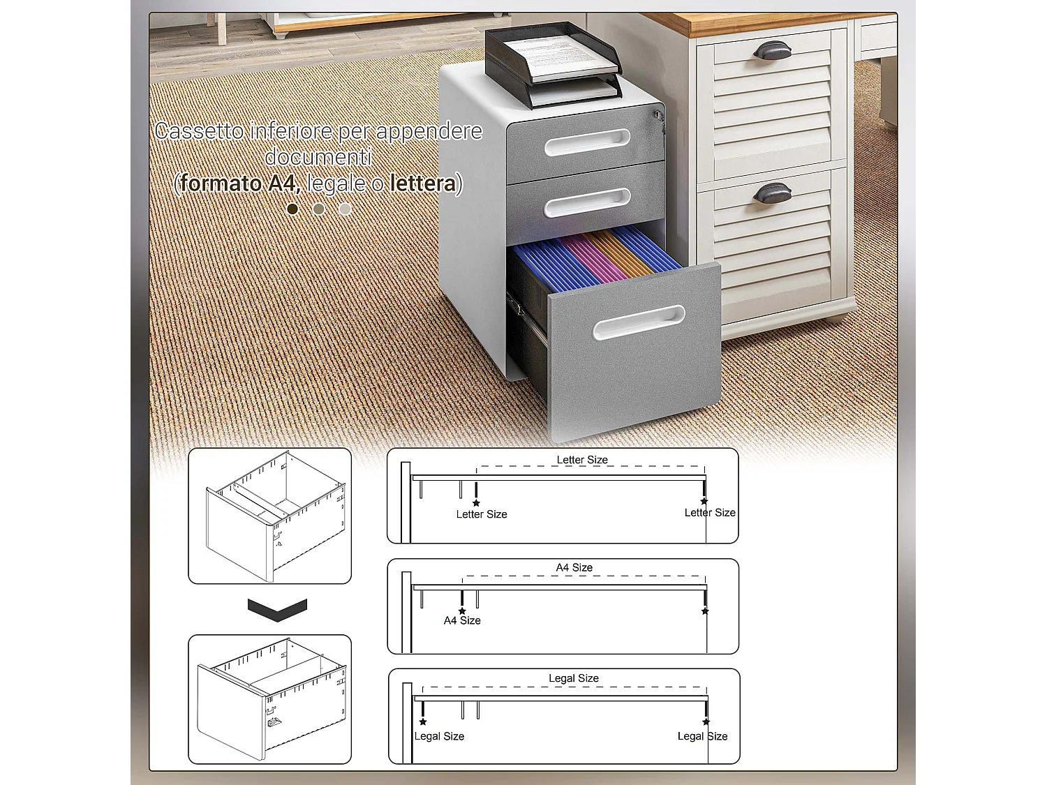 Cassettiera per ufficio a 3 cassetti con serratura e ruote grigio