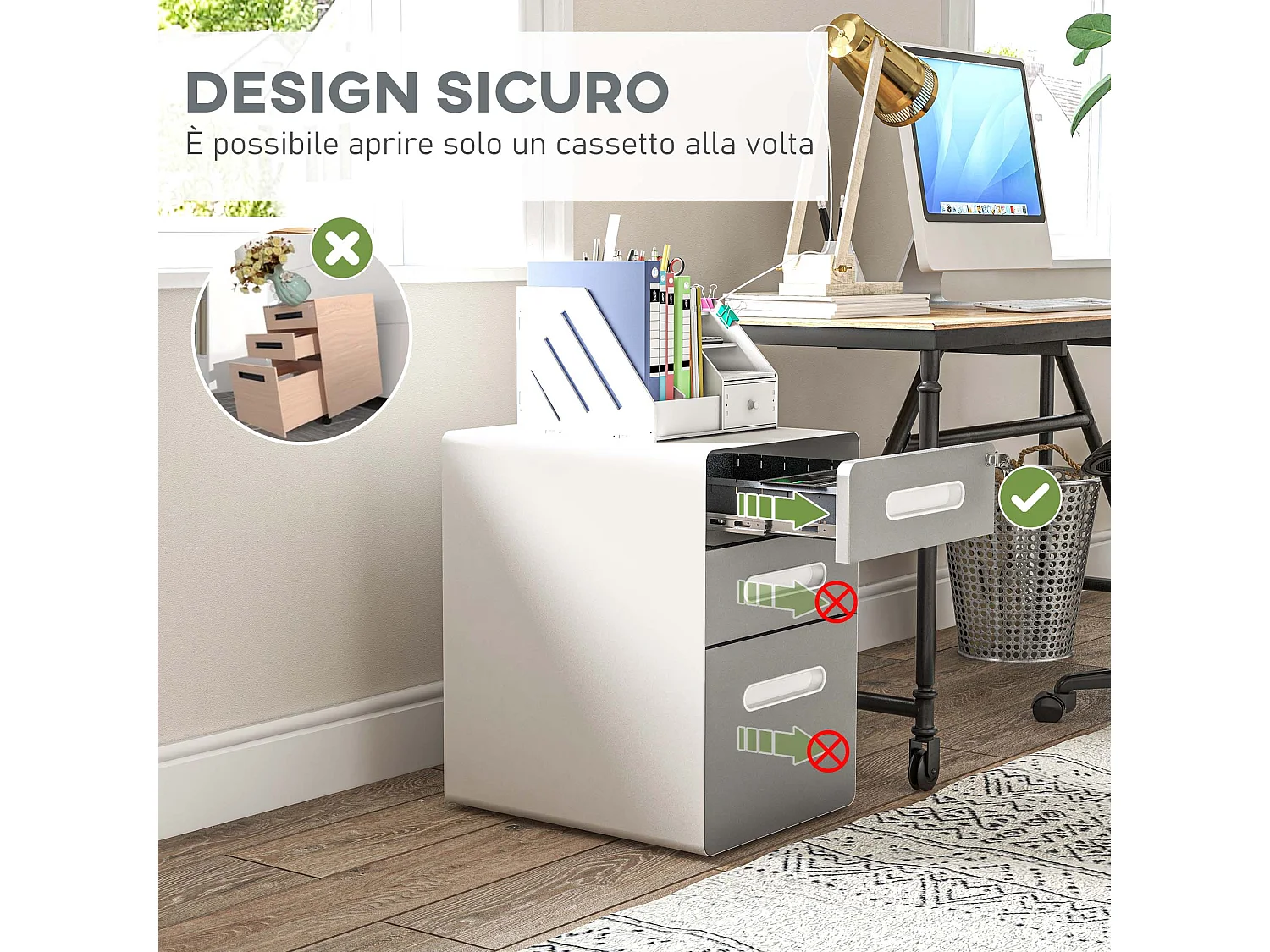 Cassettiera per ufficio a 3 cassetti con serratura e ruote grigio