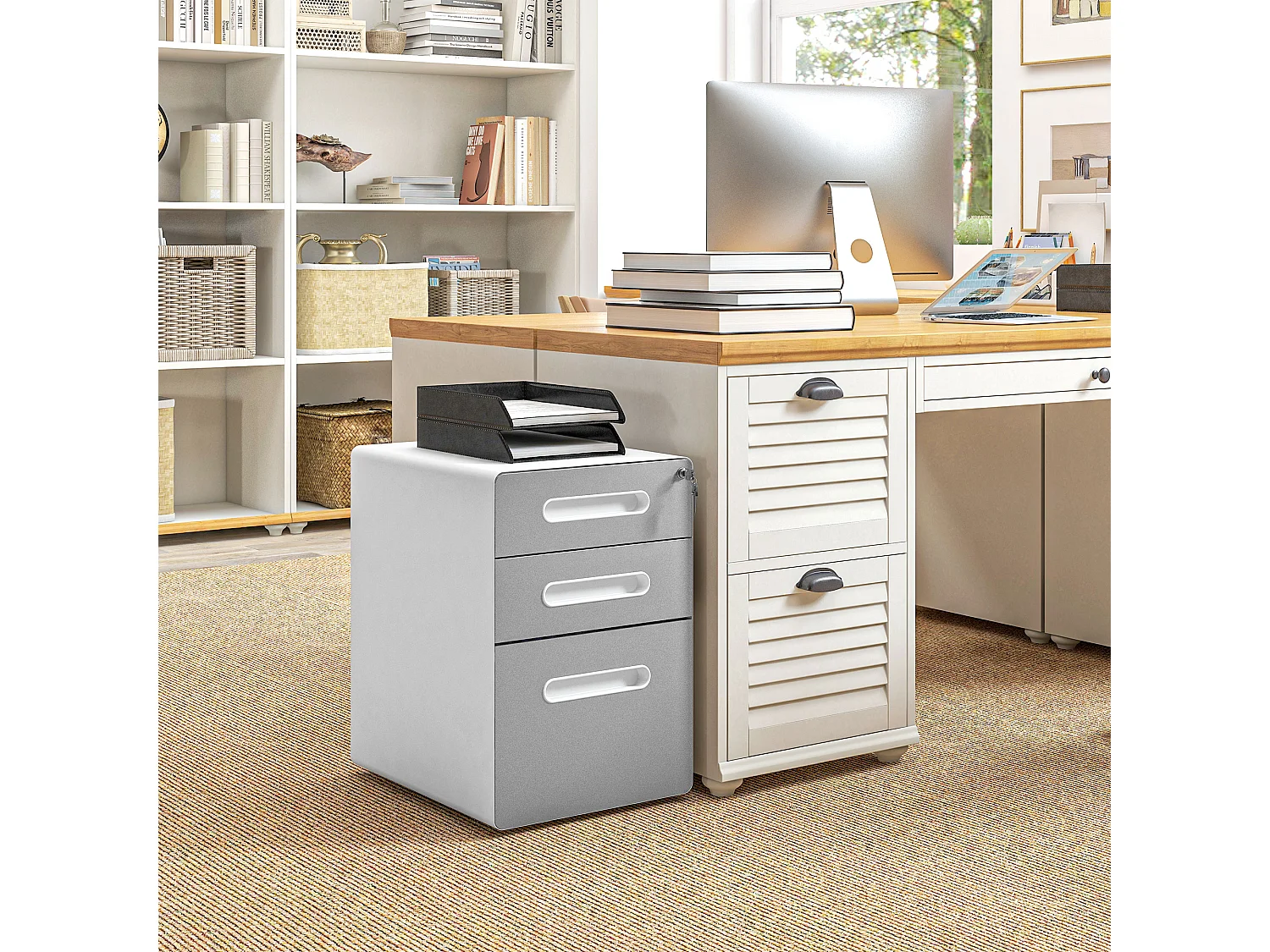 Cassettiera per ufficio a 3 cassetti con serratura e ruote grigio