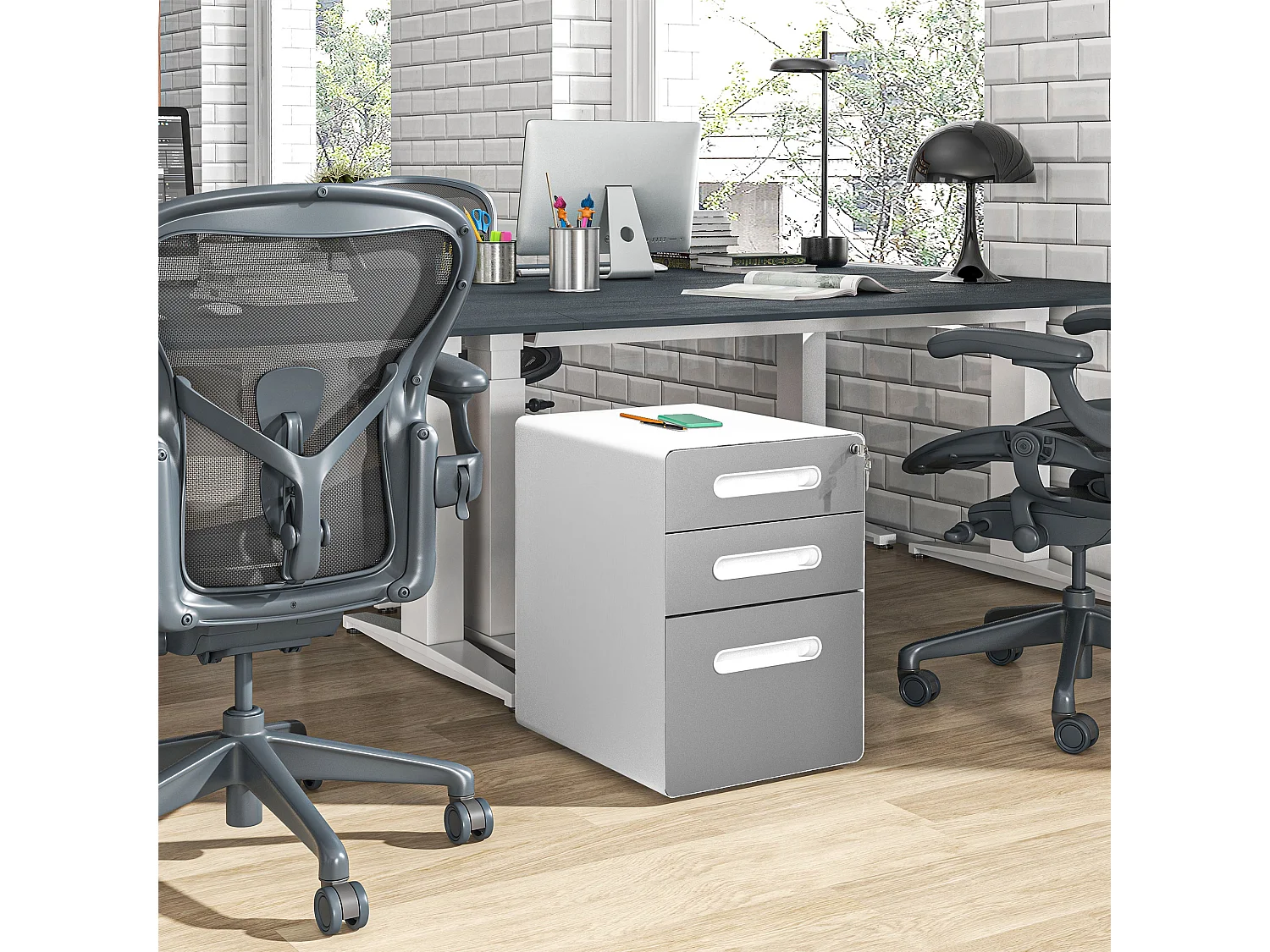 Cassettiera per ufficio a 3 cassetti con serratura e ruote grigio