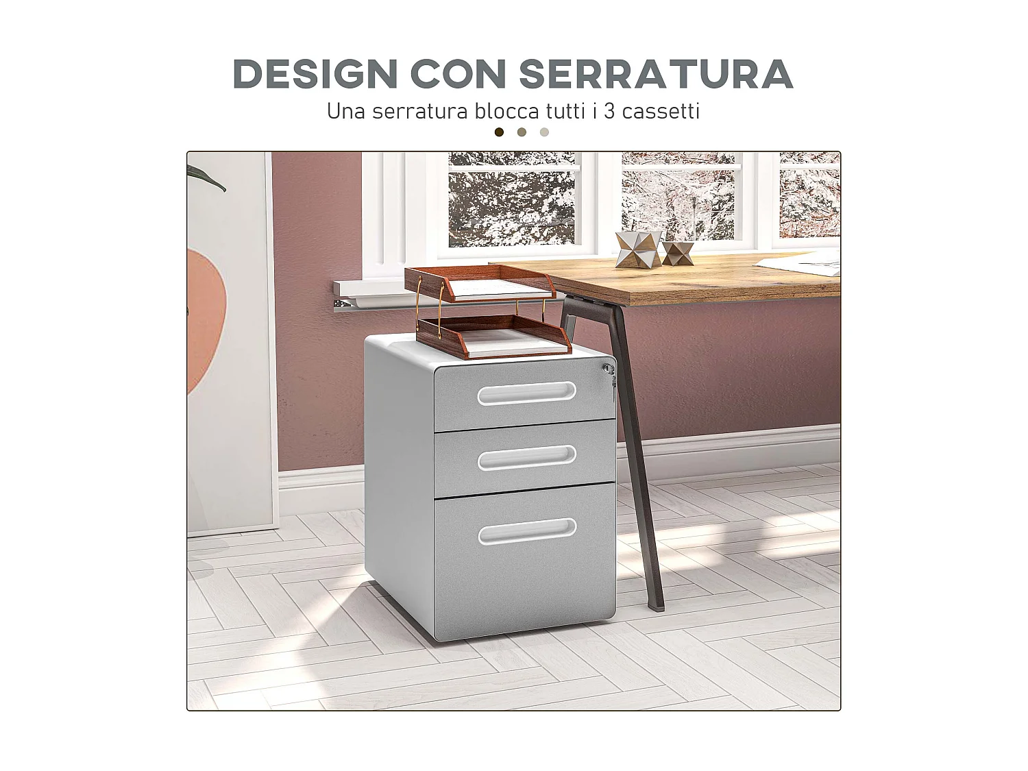 Cassettiera per ufficio a 3 cassetti con serratura e ruote grigio