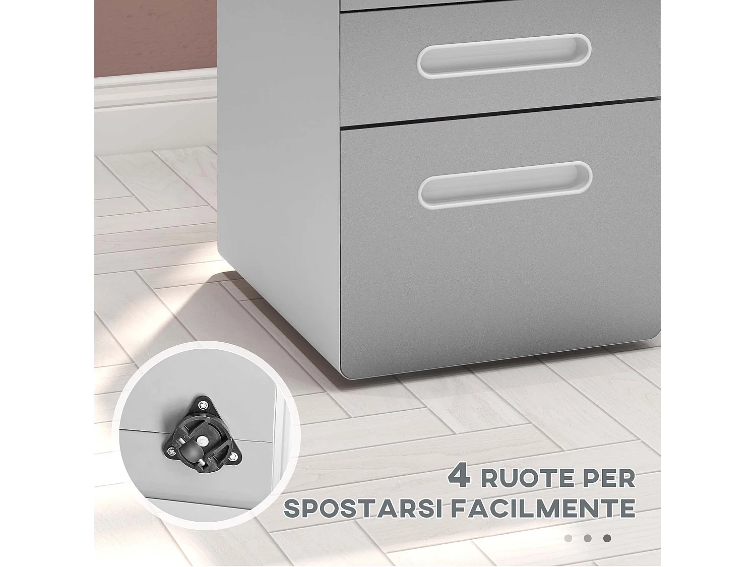 Cassettiera per ufficio a 3 cassetti con serratura e ruote grigio