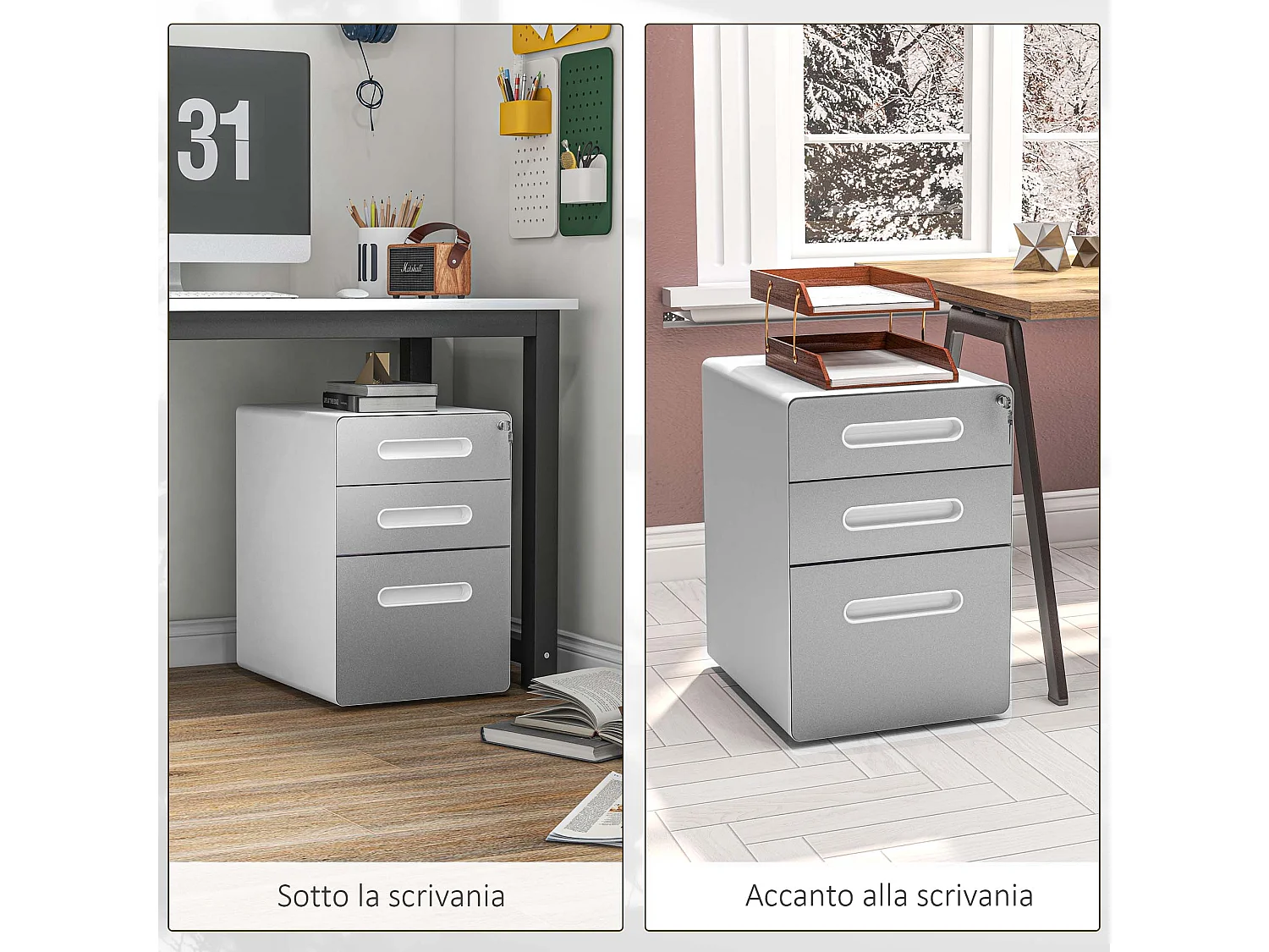 Cassettiera per ufficio a 3 cassetti con serratura e ruote grigio