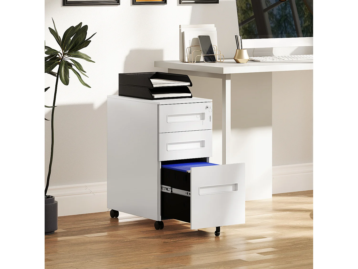 Schedario a 5 ruote con 2 cassetti piccoli e vassoio in acciaio bianco
