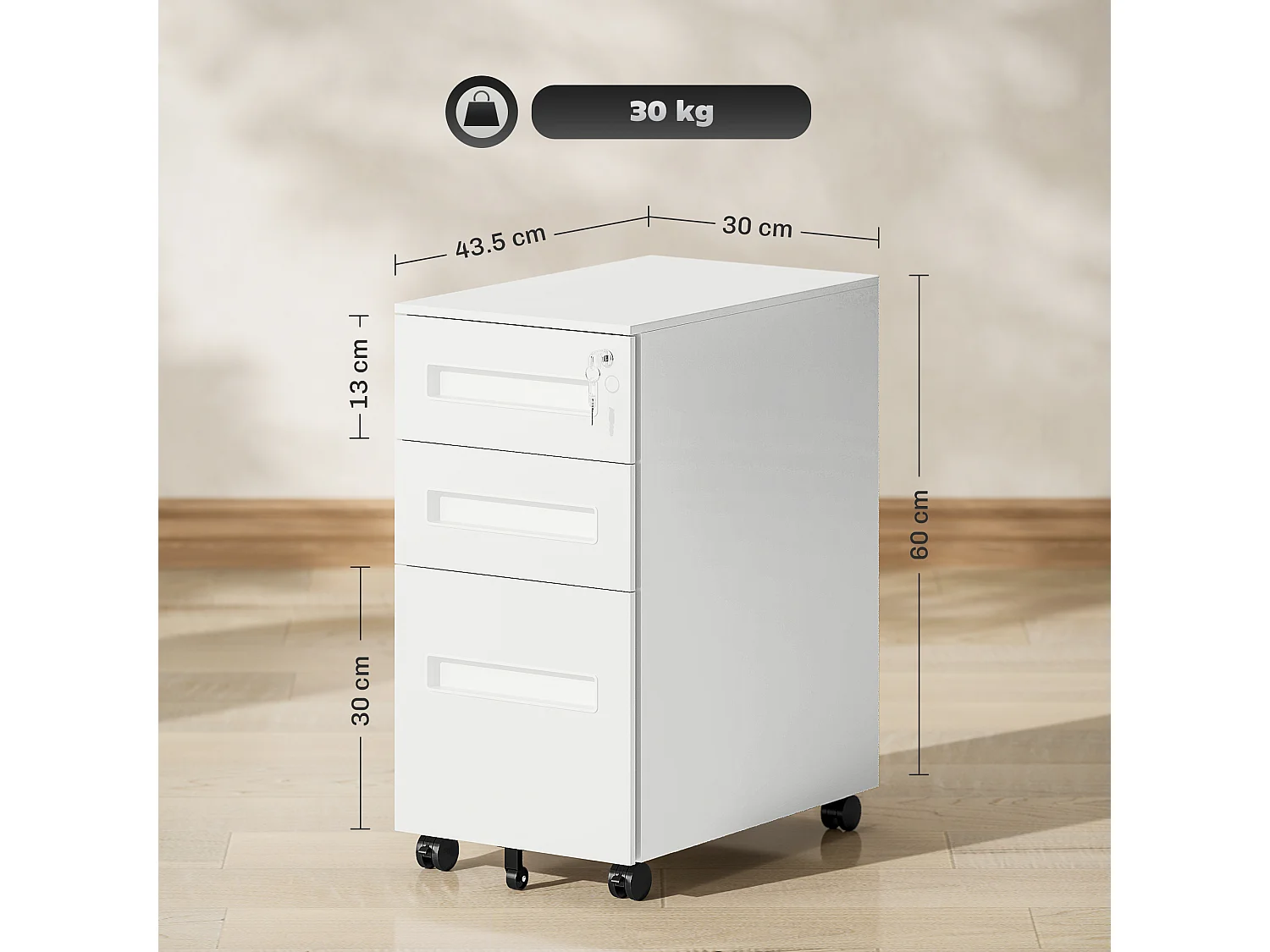 Schedario a 5 ruote con 2 cassetti piccoli e vassoio in acciaio bianco