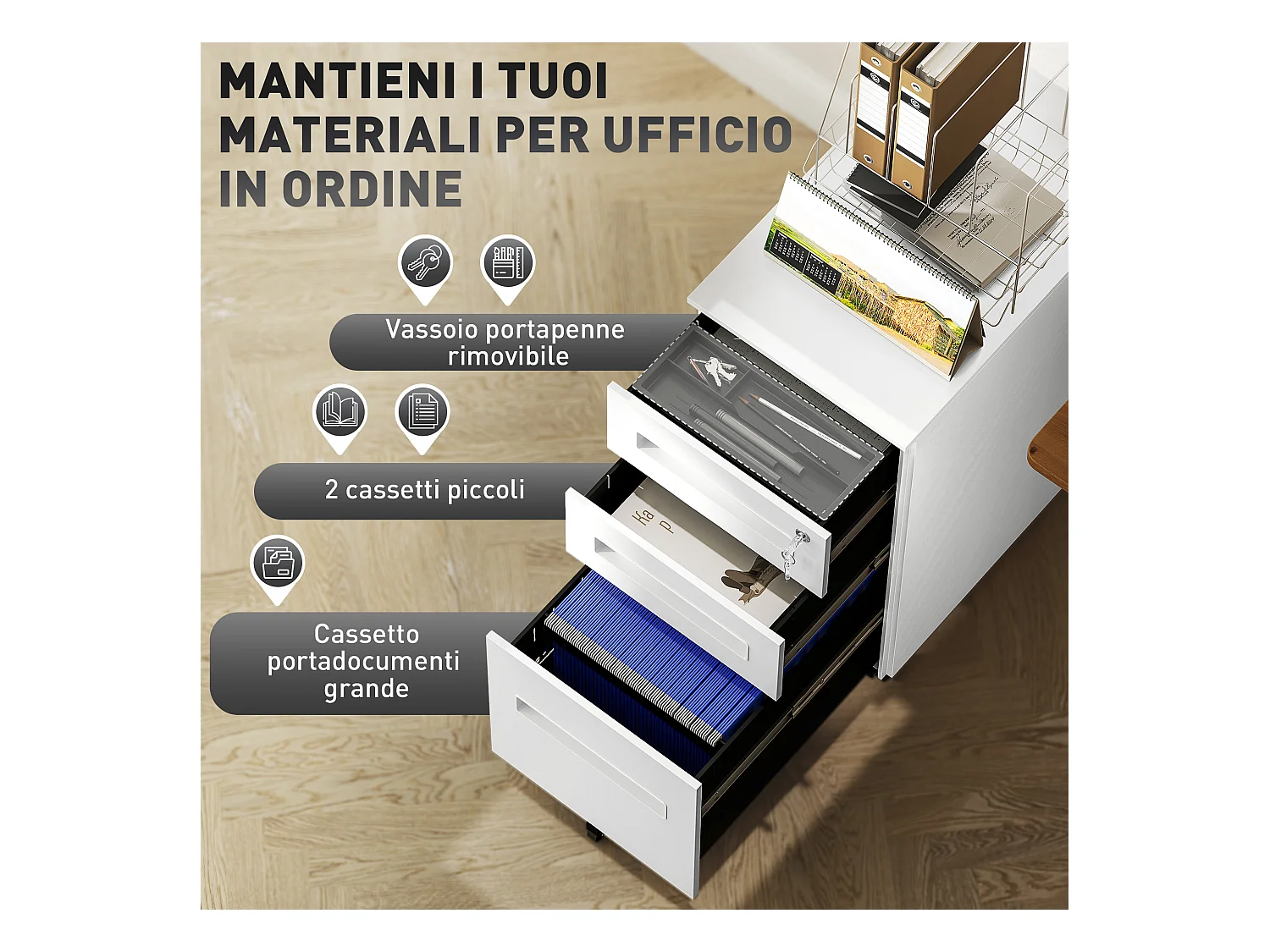 Schedario a 5 ruote con 2 cassetti piccoli e vassoio in acciaio bianco