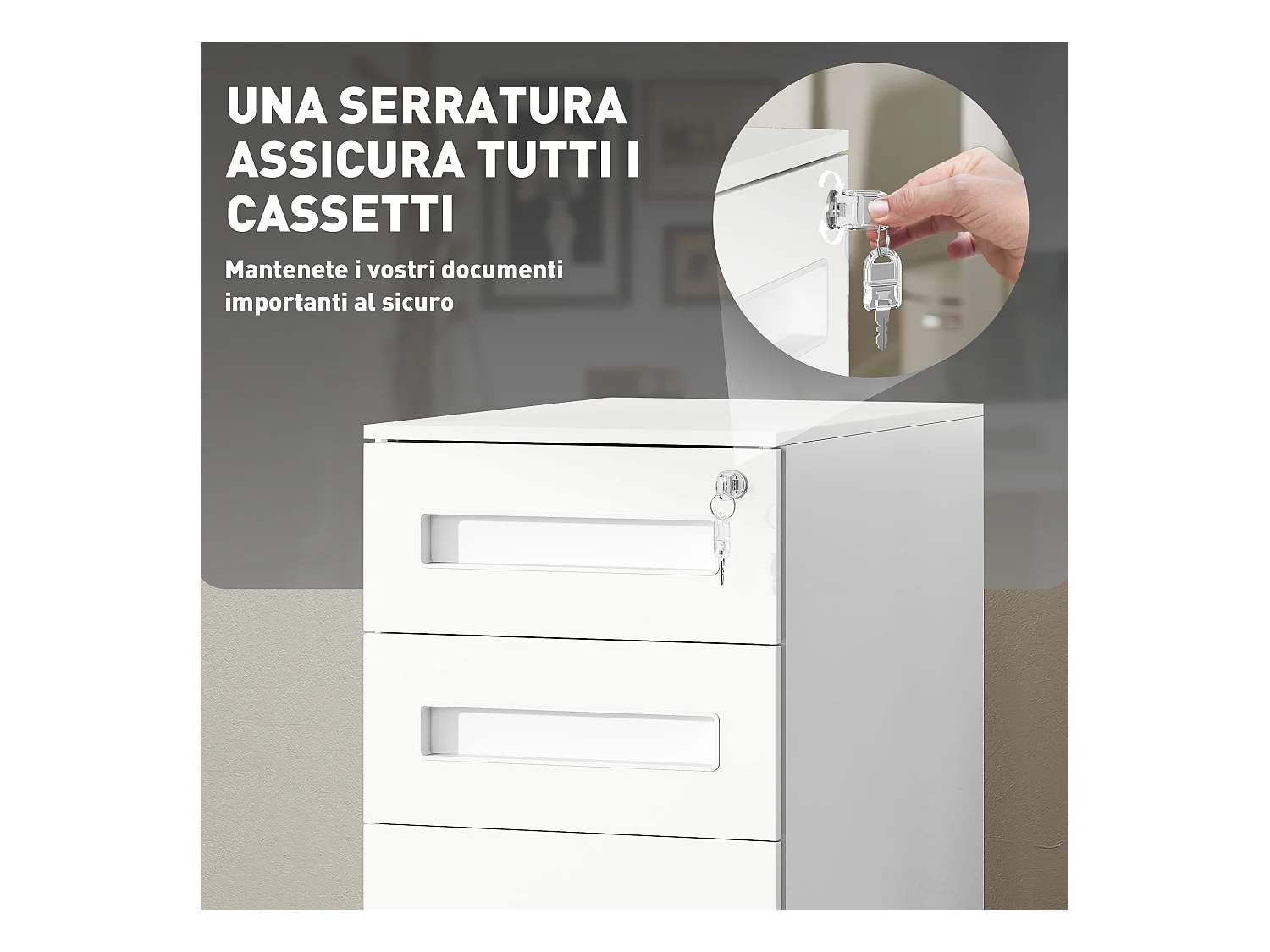 Schedario a 5 ruote con 2 cassetti piccoli e vassoio in acciaio bianco