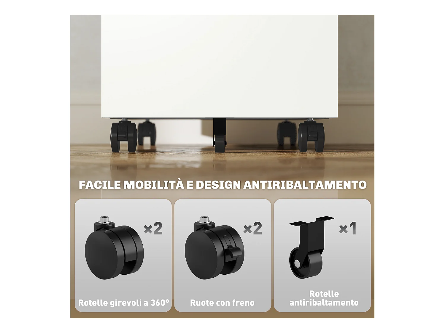 Schedario a 5 ruote con 2 cassetti piccoli e vassoio in acciaio bianco