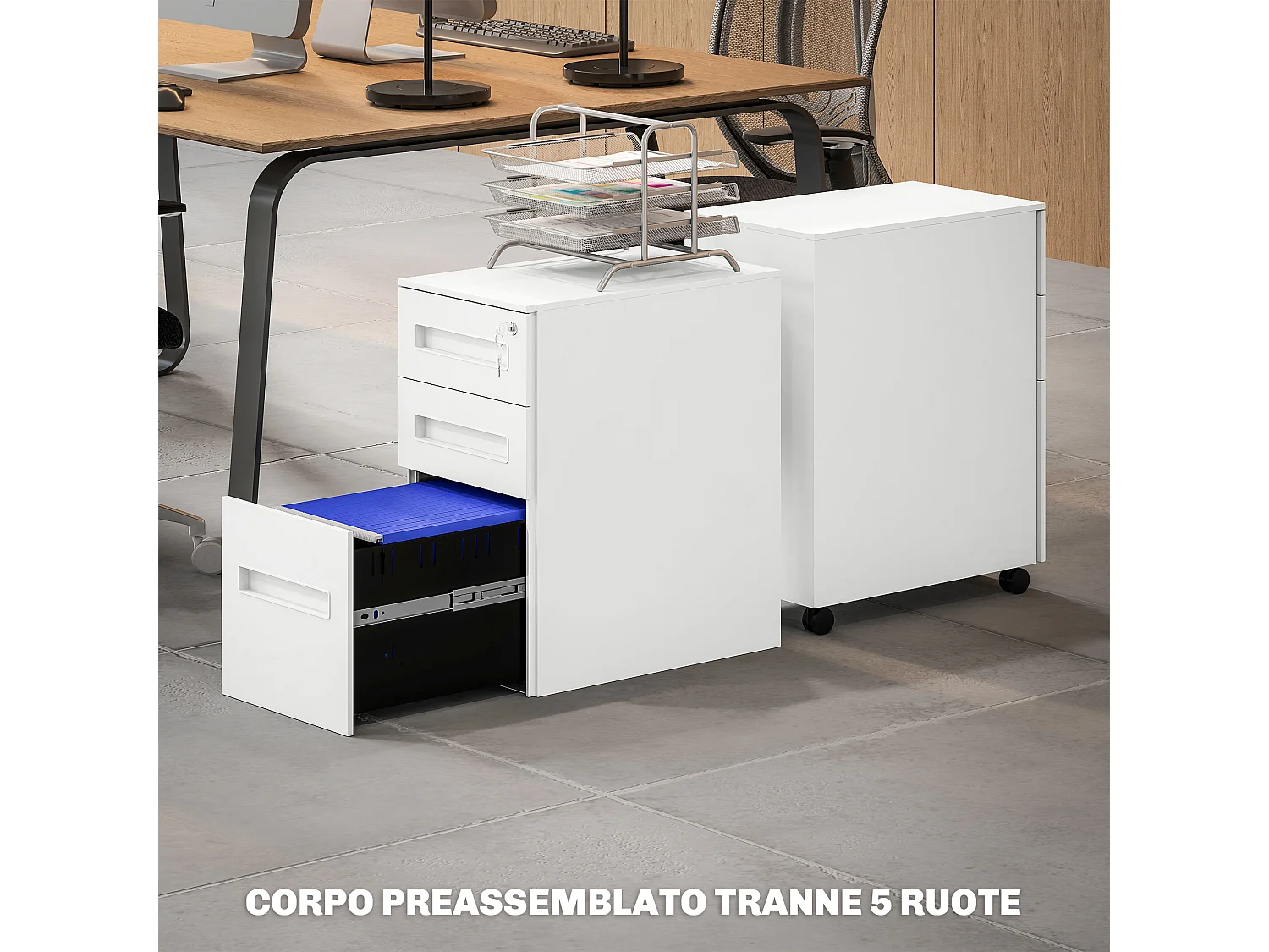 Schedario a 5 ruote con 2 cassetti piccoli e vassoio in acciaio bianco