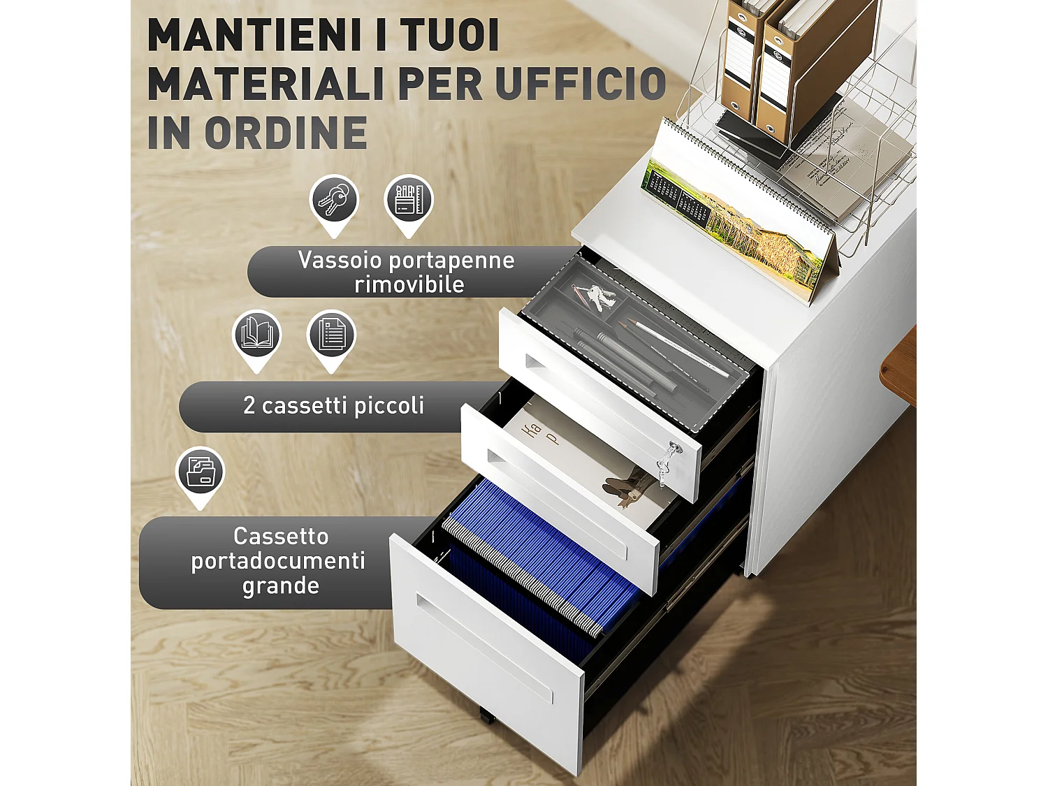 Schedario a 5 ruote con 2 cassetti piccoli e vassoio in acciaio bianco