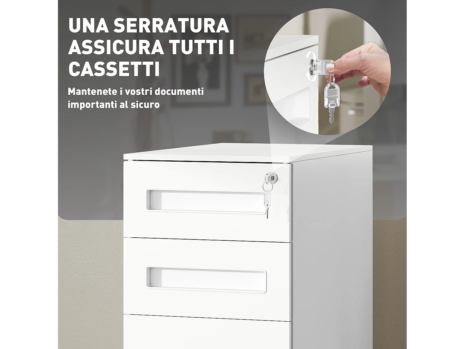 Schedario a 5 ruote con 2 cassetti piccoli e vassoio in acciaio bianco