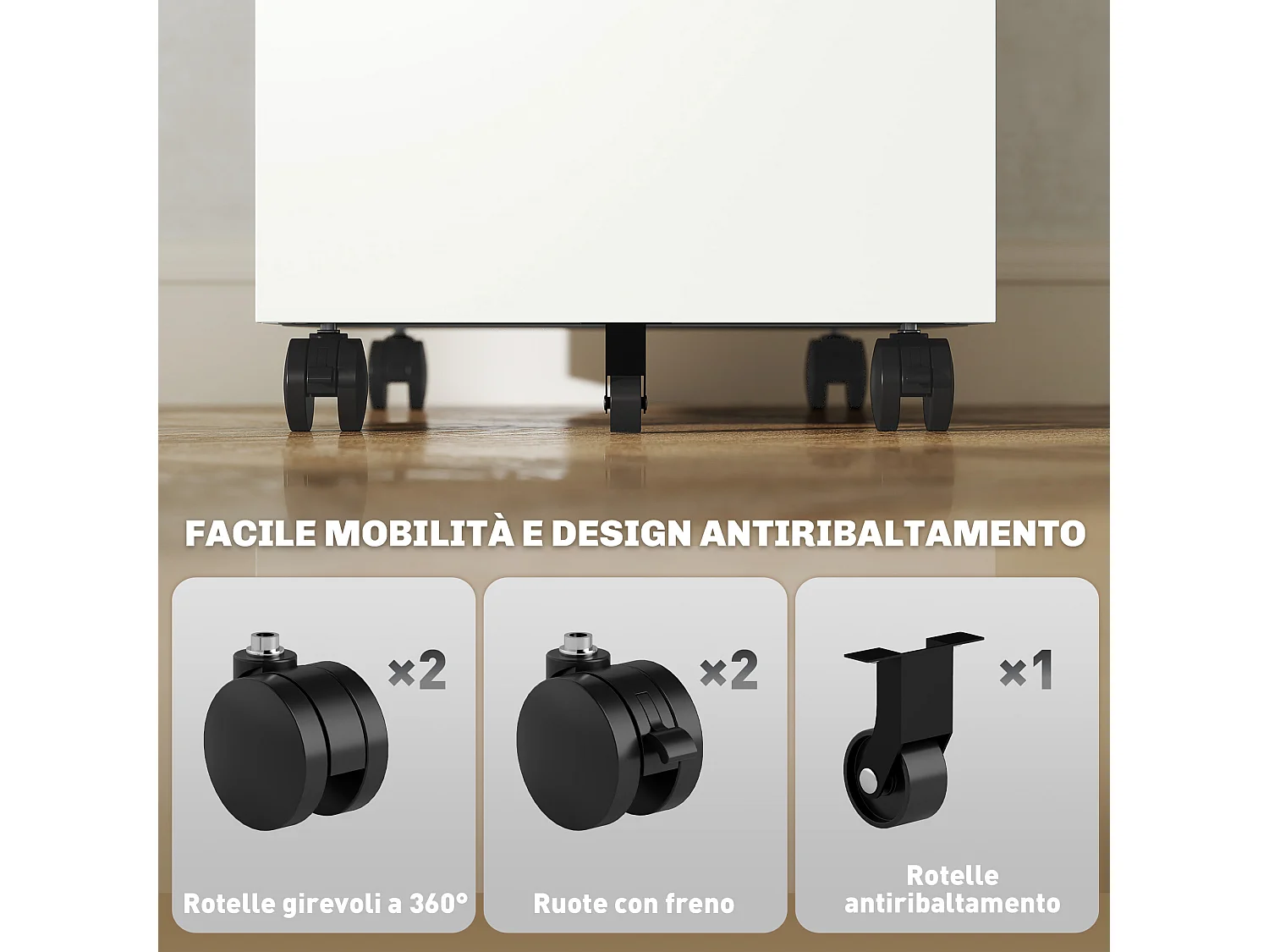 Schedario a 5 ruote con 2 cassetti piccoli e vassoio in acciaio bianco