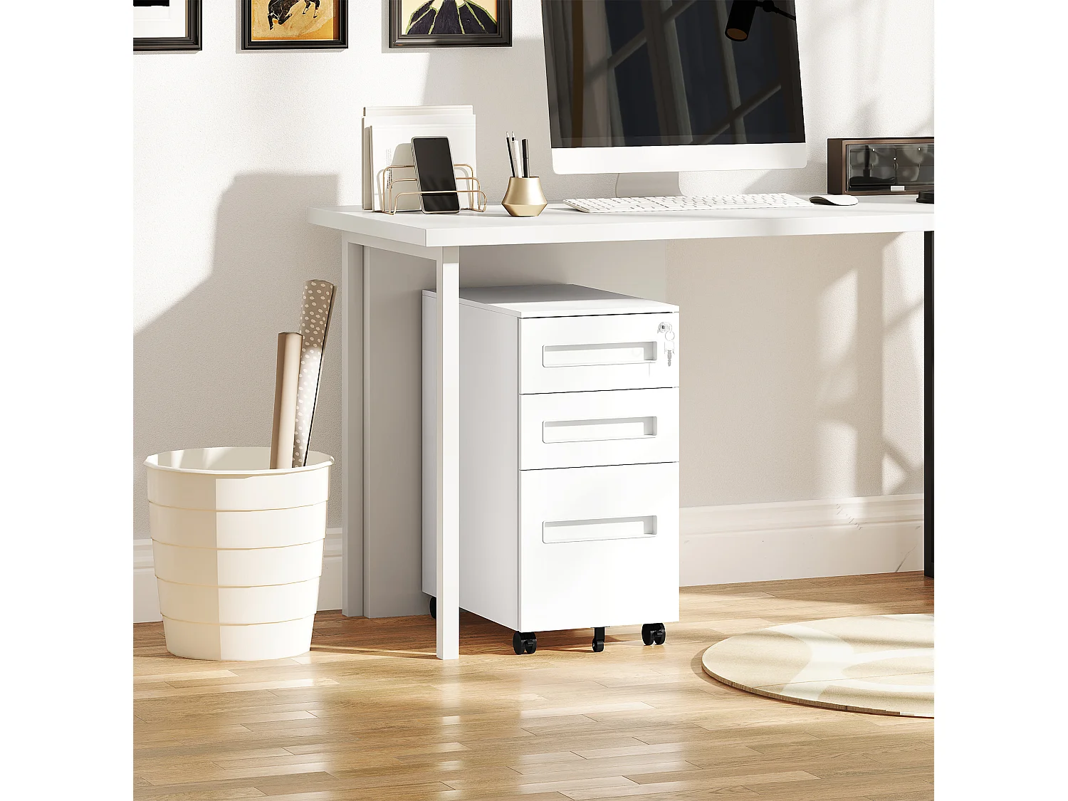 Schedario a 5 ruote con 2 cassetti piccoli e vassoio in acciaio bianco