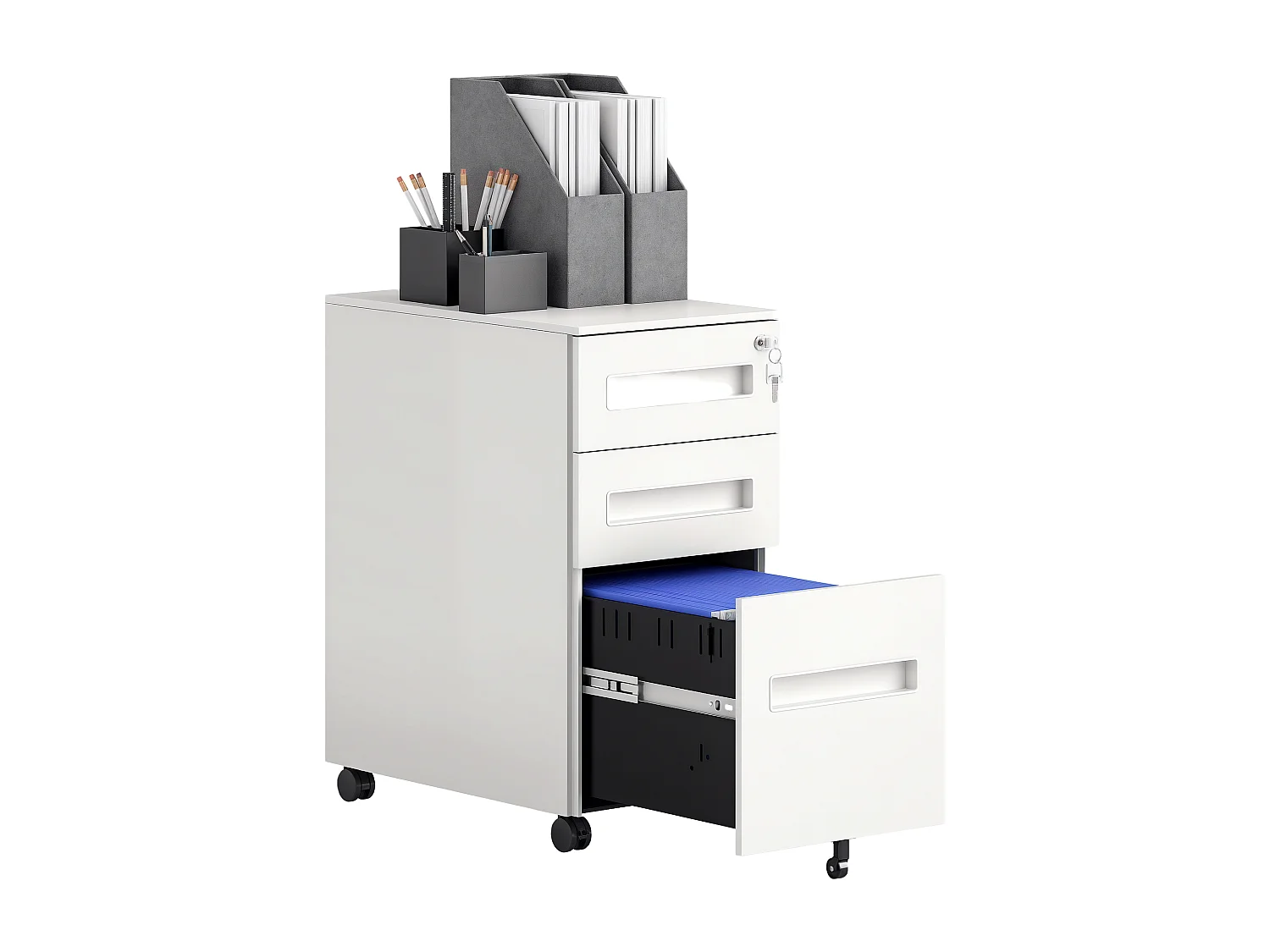 Schedario a 5 ruote con 2 cassetti piccoli e vassoio in acciaio bianco