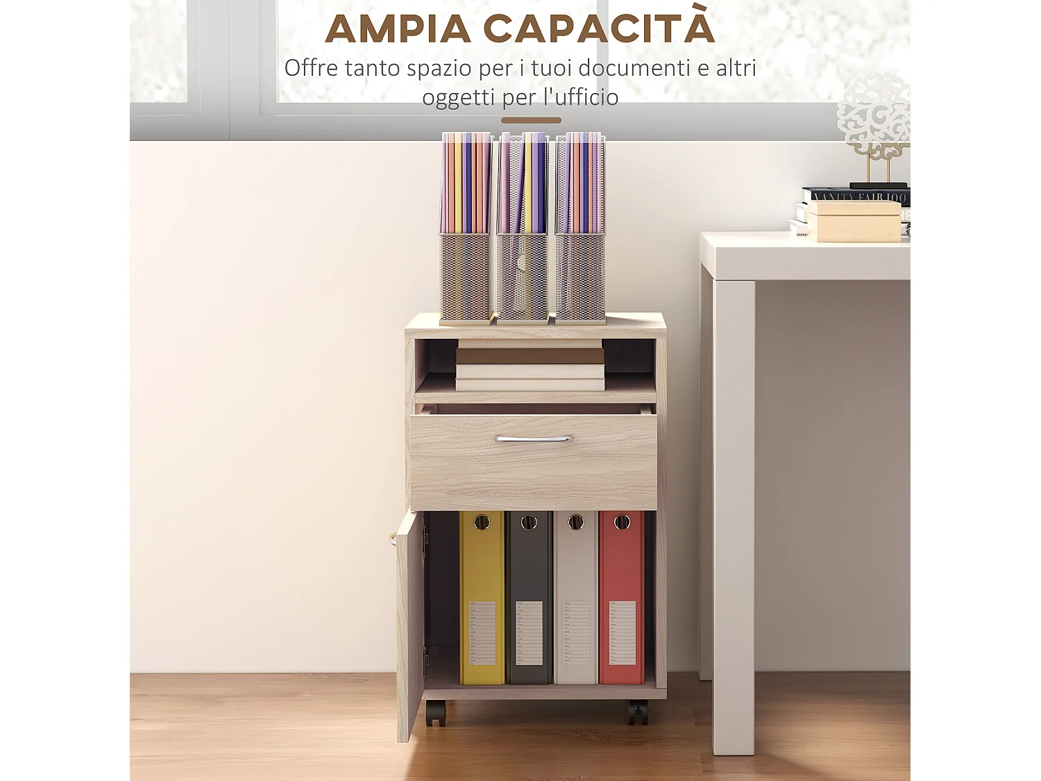 Cassettiera da ufficio con ripiano aperto e 2 cassetti rovere
