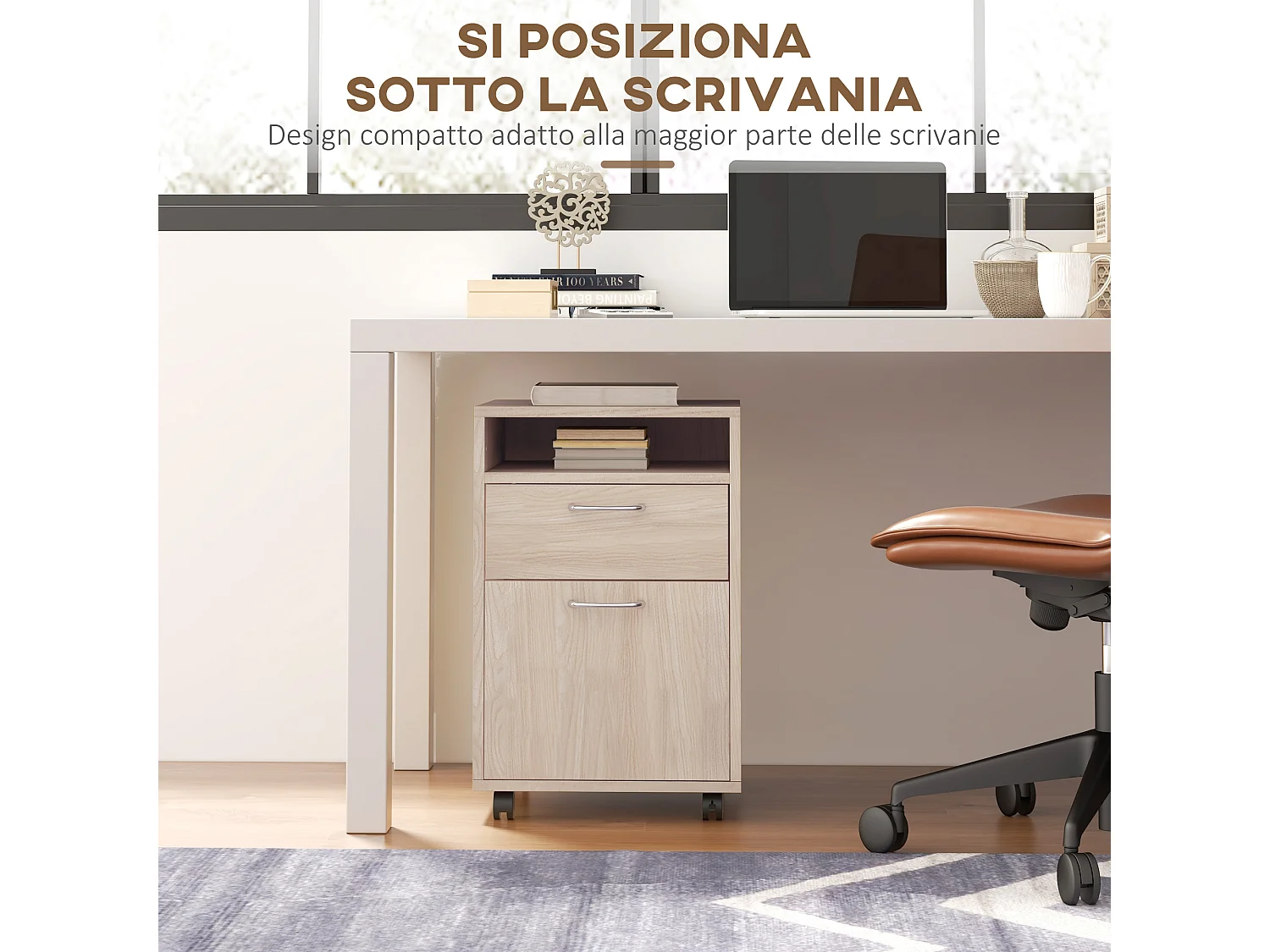 Cassettiera da ufficio con ripiano aperto e 2 cassetti rovere