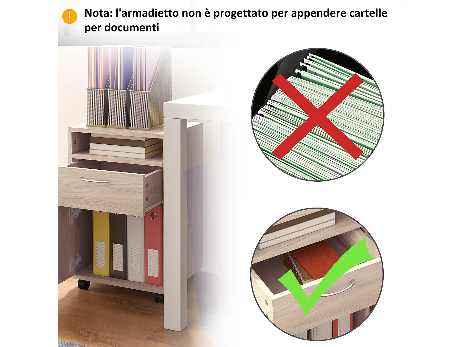 Cassettiera da ufficio con ripiano aperto e 2 cassetti rovere