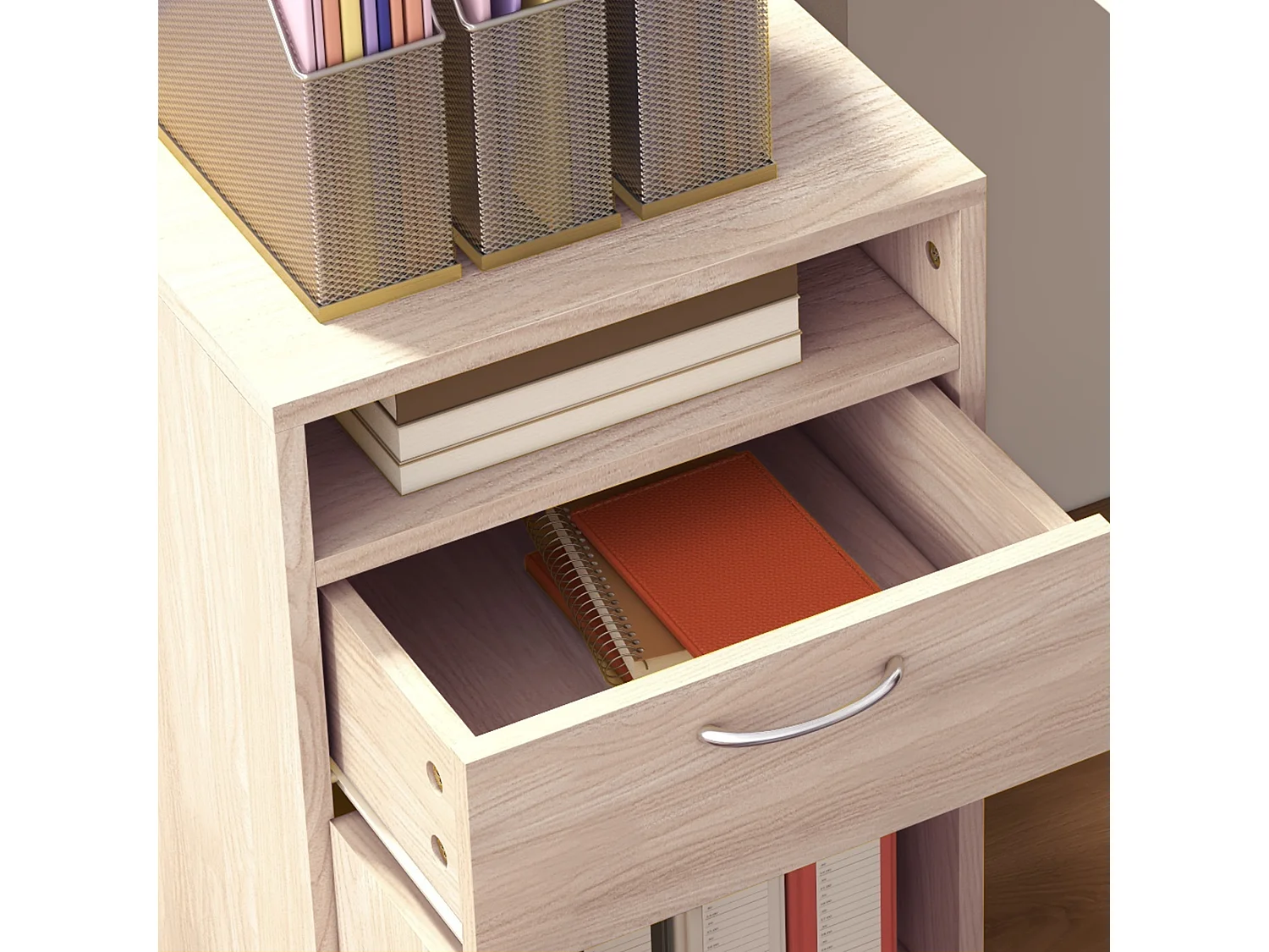 Cassettiera da ufficio con ripiano aperto e 2 cassetti rovere