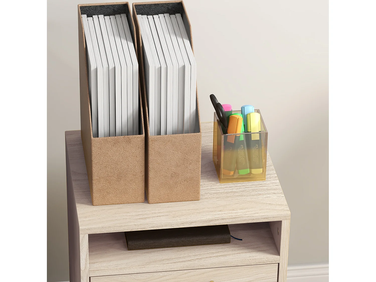 Cassettiera da ufficio con ripiano aperto e 2 cassetti rovere