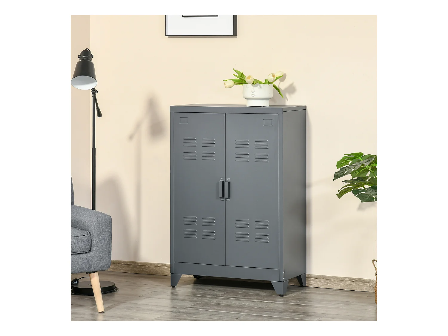 Armadietto metallico 2 ante in stile industriale con 2 mensole grigio