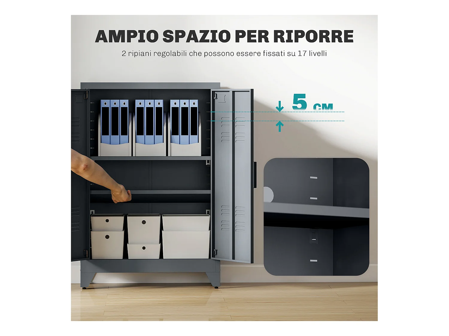 Armadietto metallico 2 ante in stile industriale con 2 mensole grigio