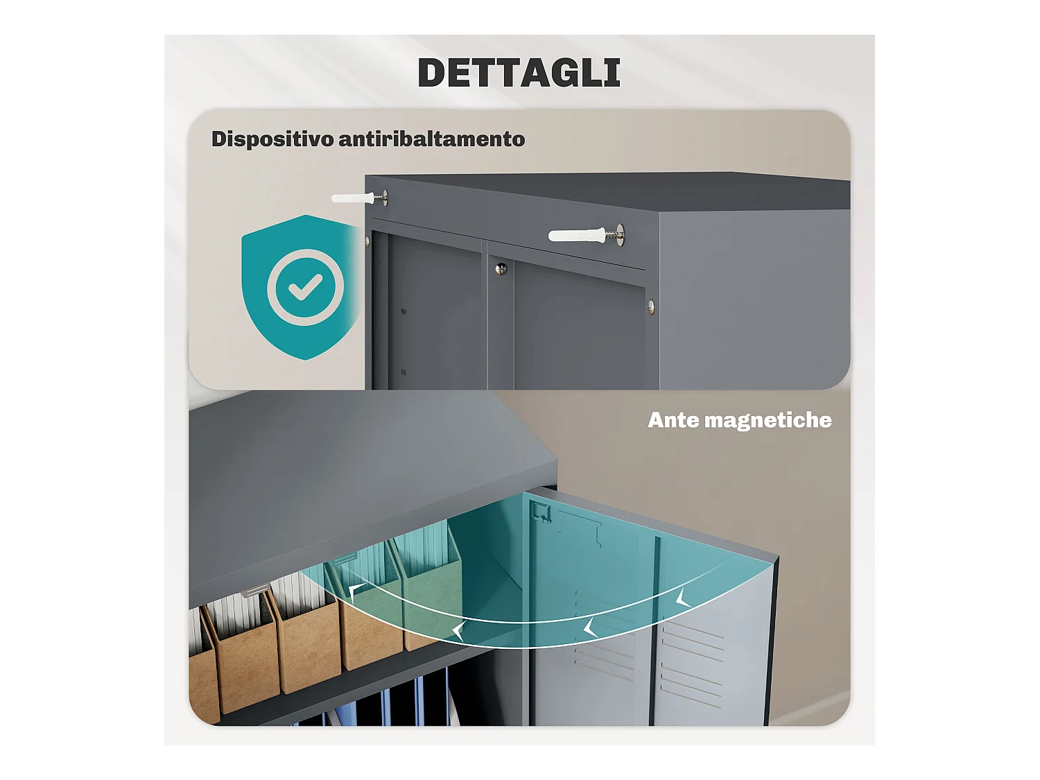 Armadietto metallico 2 ante in stile industriale con 2 mensole grigio