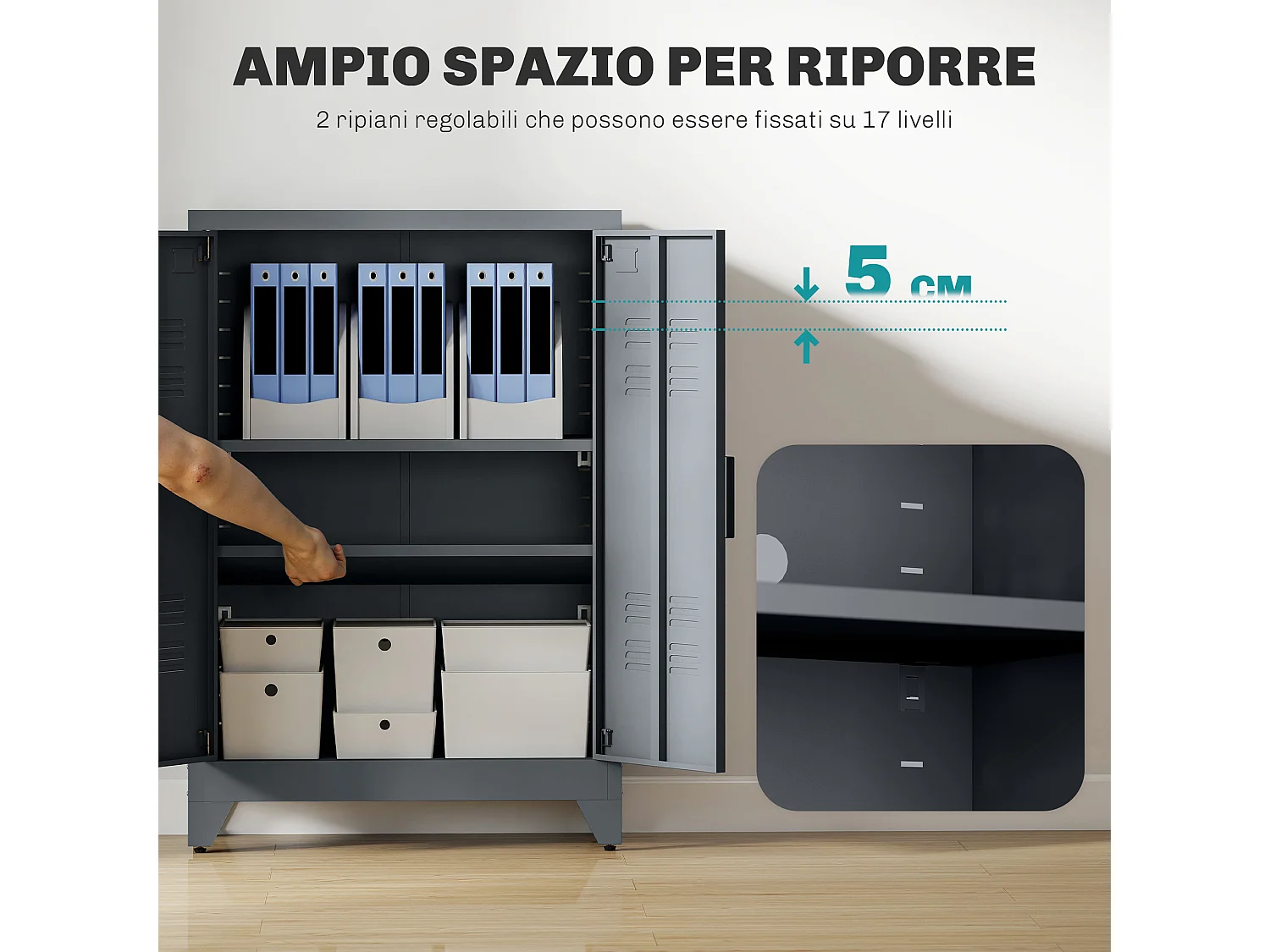 Armadietto metallico 2 ante in stile industriale con 2 mensole grigio