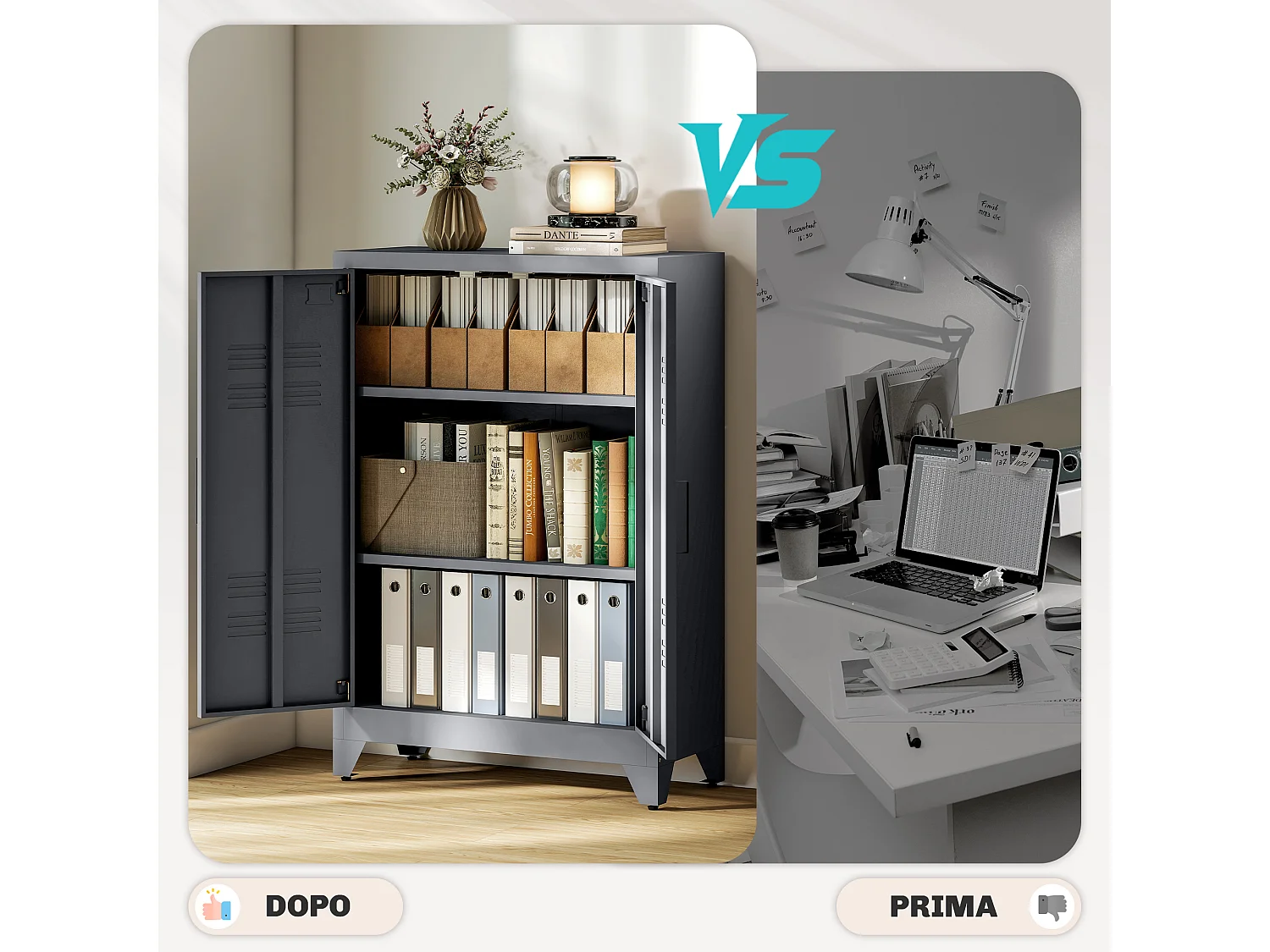 Armadietto metallico 2 ante in stile industriale con 2 mensole grigio