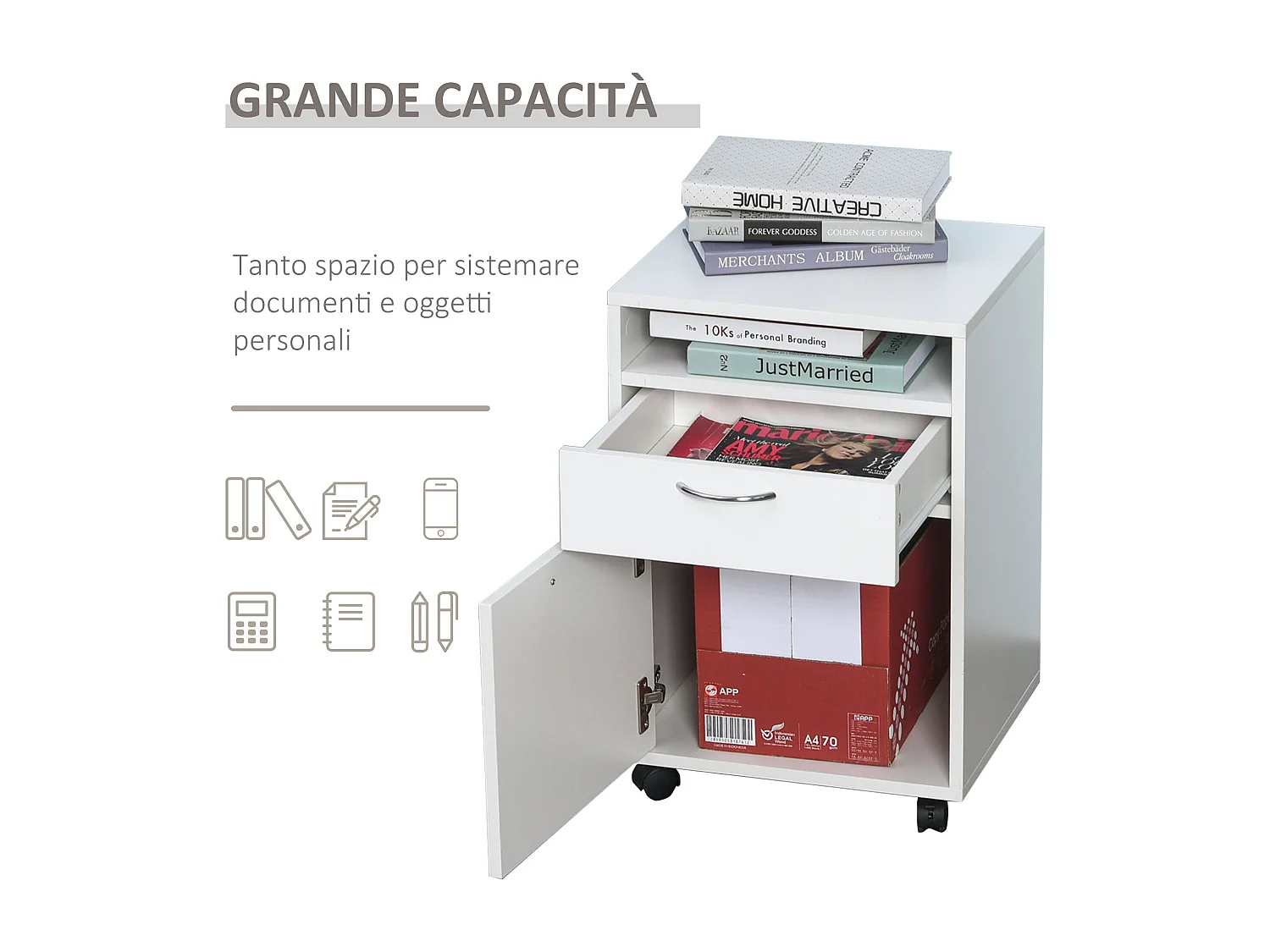 Cassettiera portadocumenti da ufficio a 2 scomparti in legno bianco