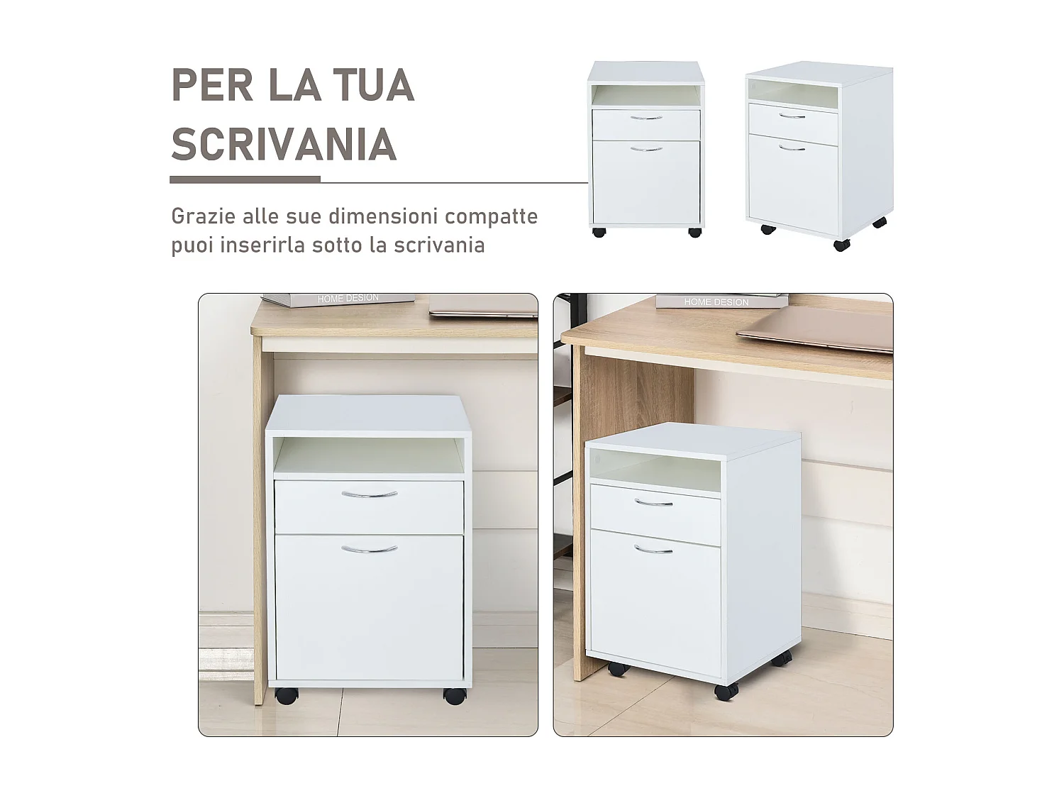 Cassettiera portadocumenti da ufficio a 2 scomparti in legno bianco