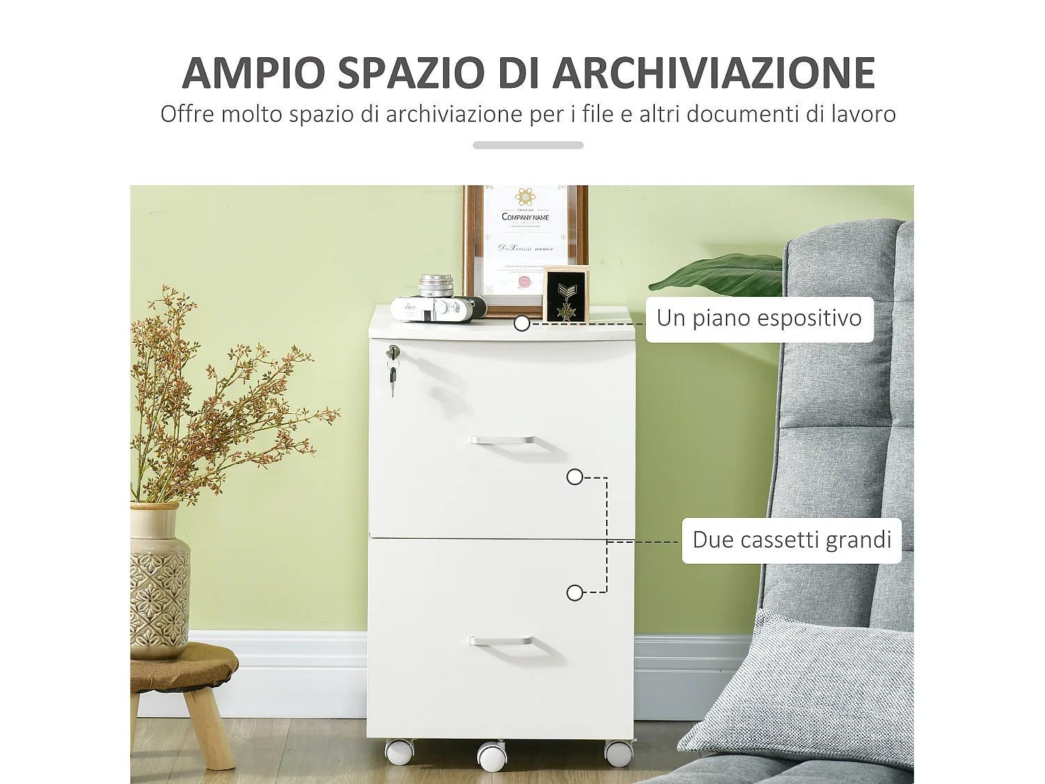 Armadietto da ufficio 2 cassetti 5 ruote in mdf e truciolato