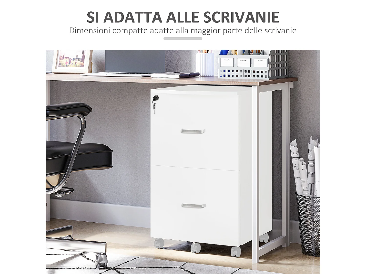 Armadietto da ufficio 2 cassetti 5 ruote in mdf e truciolato