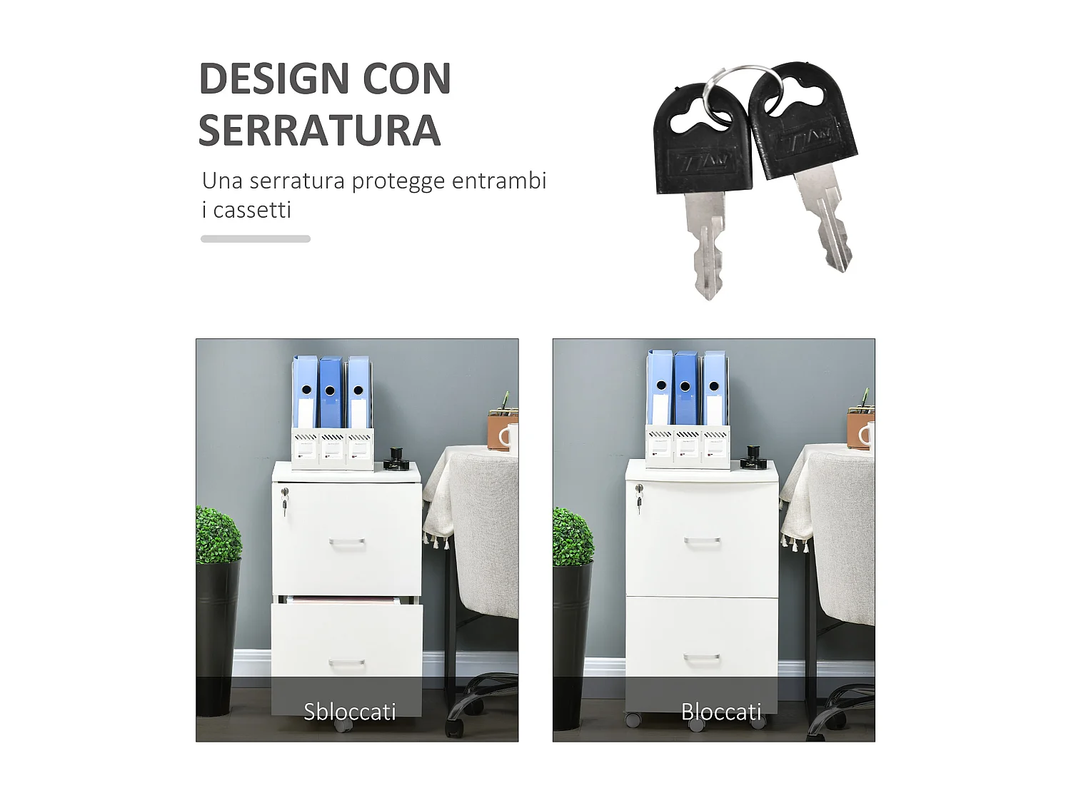 Armadietto da ufficio 2 cassetti 5 ruote in mdf e truciolato