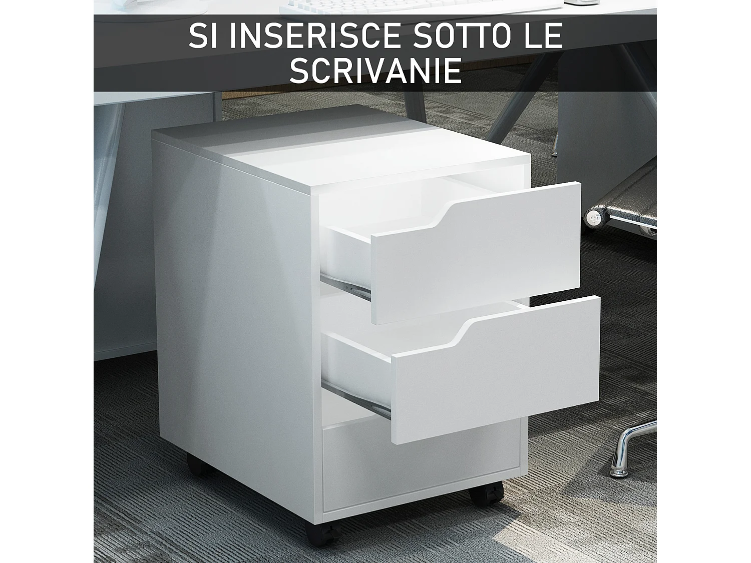 Cassettiera da ufficio a 3 cassetti in legno e metallo bianco