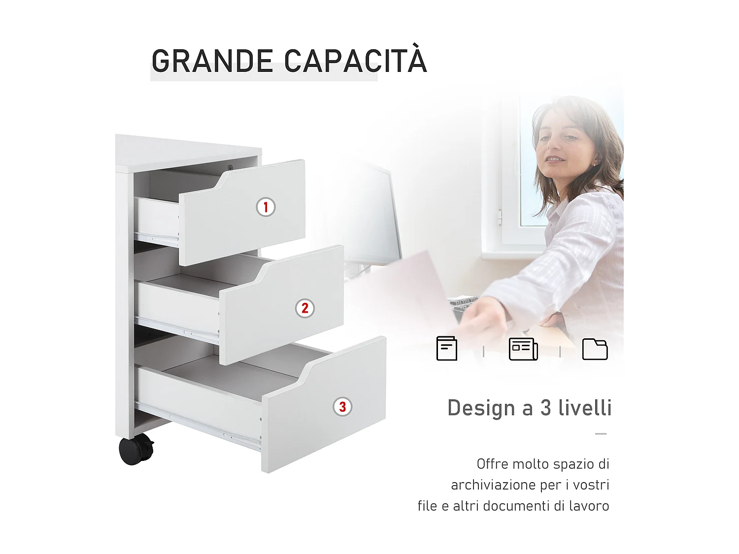 Cassettiera da ufficio a 3 cassetti in legno e metallo bianco