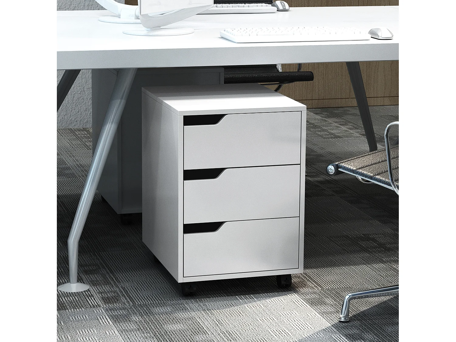 Cassettiera da ufficio a 3 cassetti in legno e metallo bianco