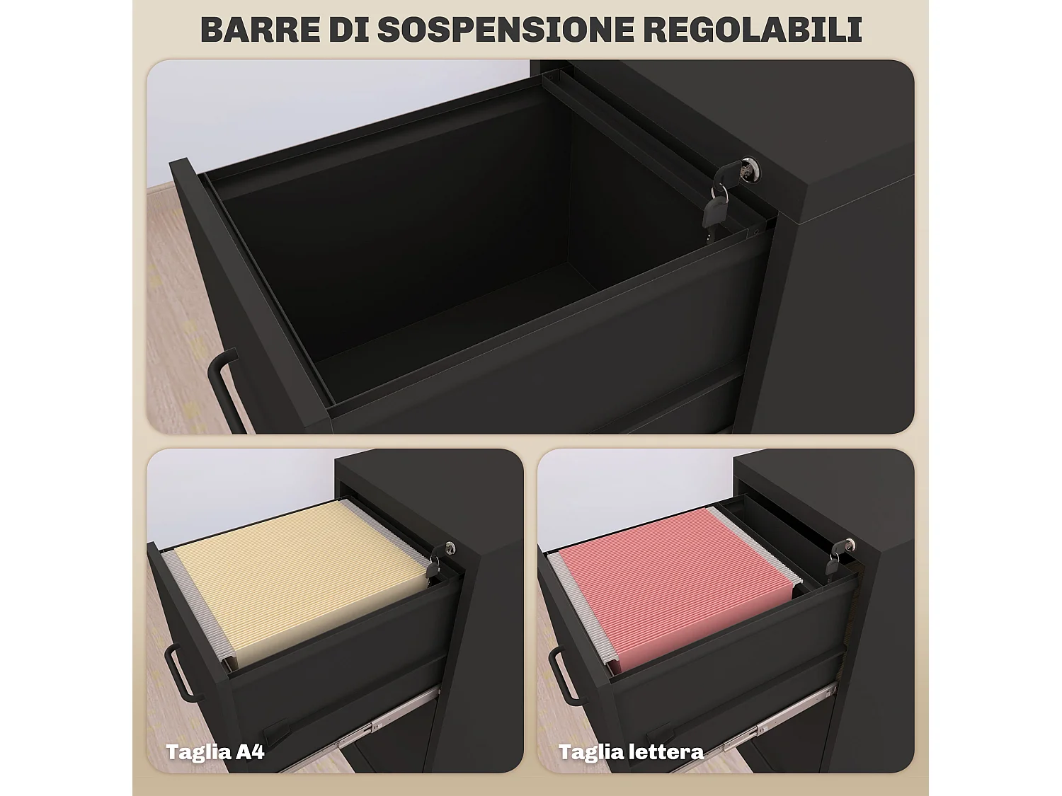 Schedario portadocumenti minimal a 3 cassetti in acciaio nero