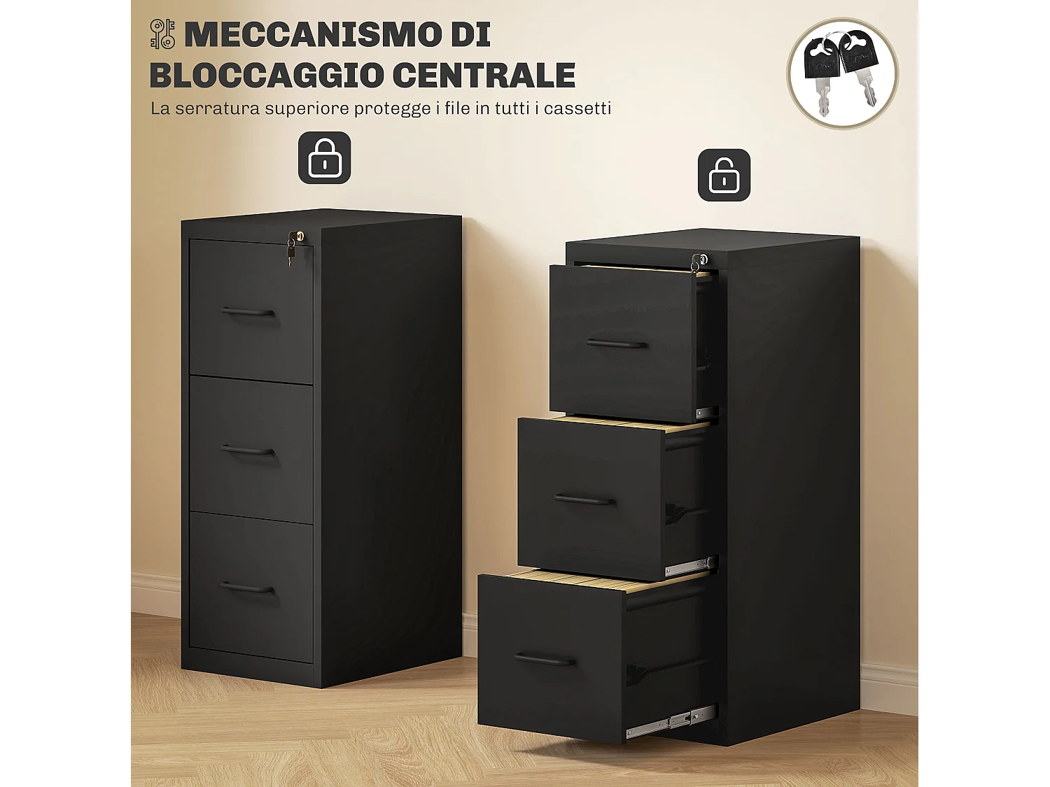 Schedario portadocumenti minimal a 3 cassetti in acciaio nero
