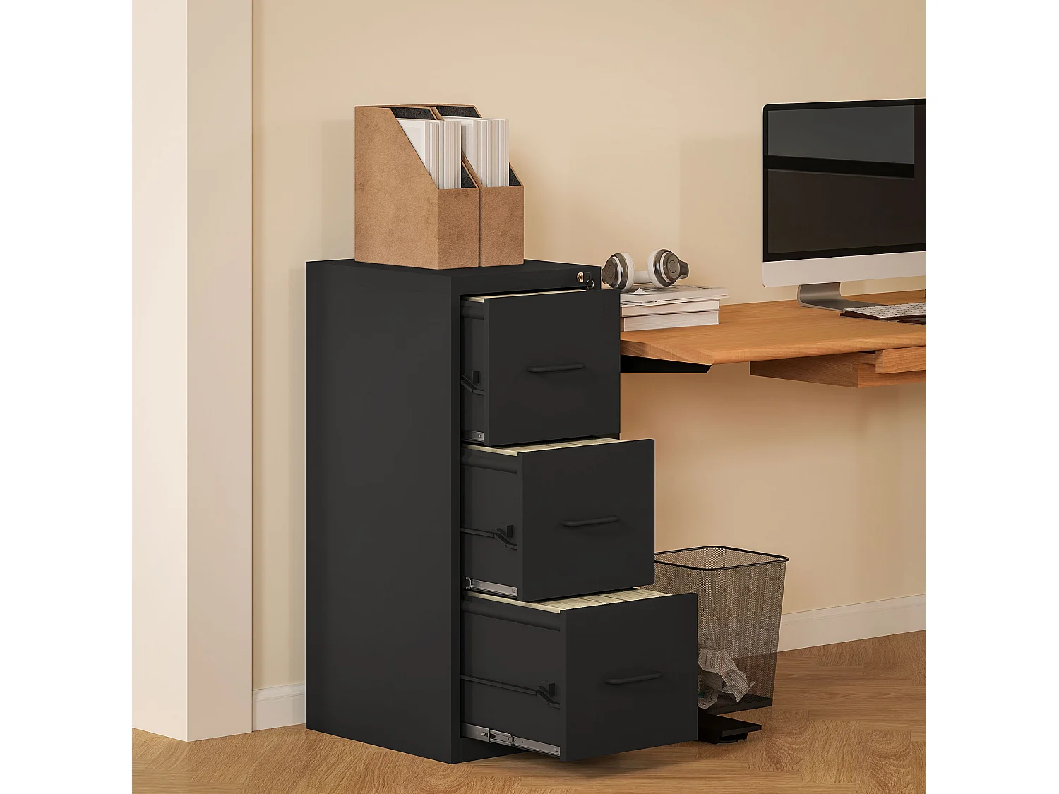 Schedario portadocumenti minimal a 3 cassetti in acciaio nero